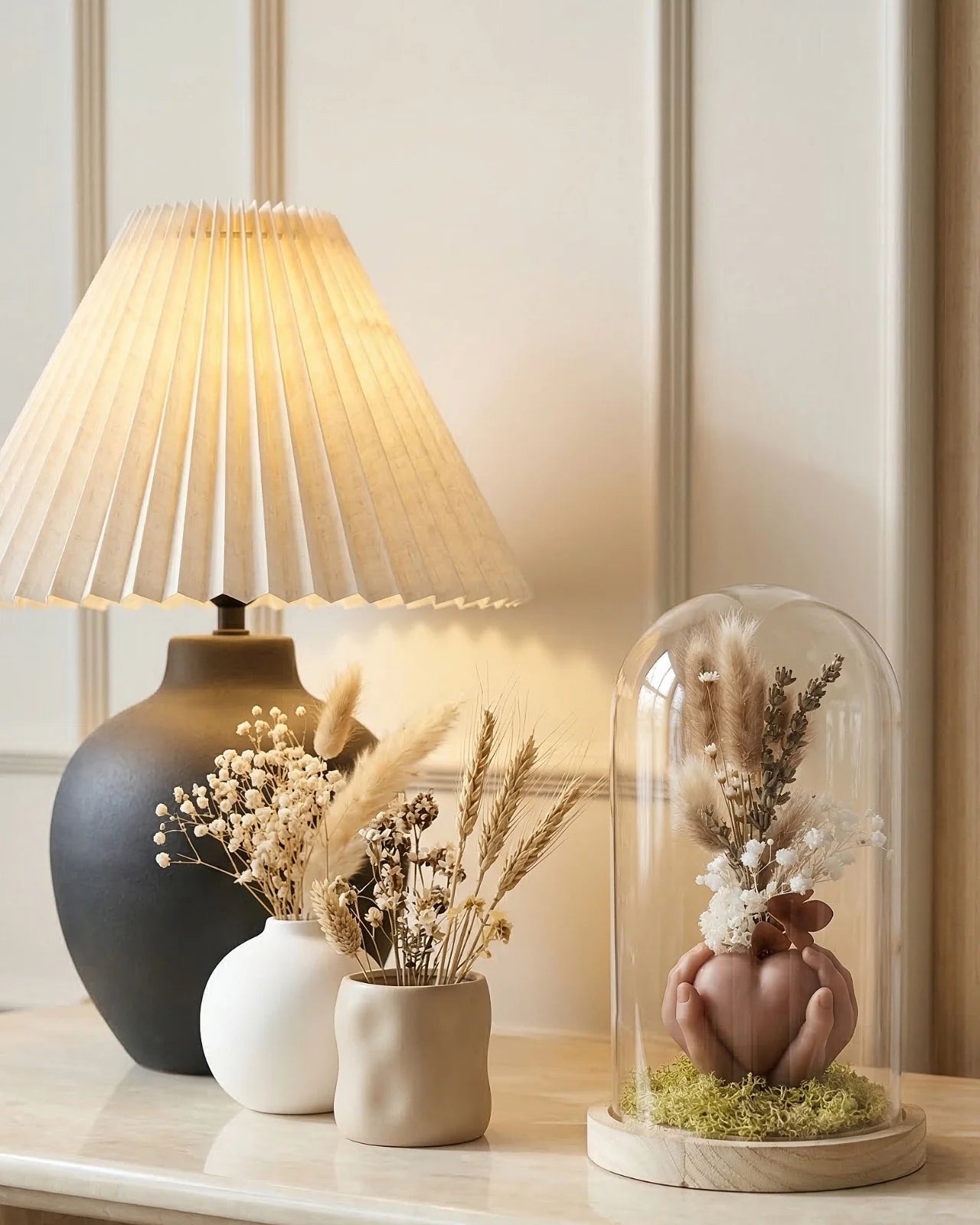 Carinho: composizione di fiori secchi in vaso di cera a forma di cuore con campana di vetro e base di legno in casa moderna europea japandi - Io Sono La Luce Roma