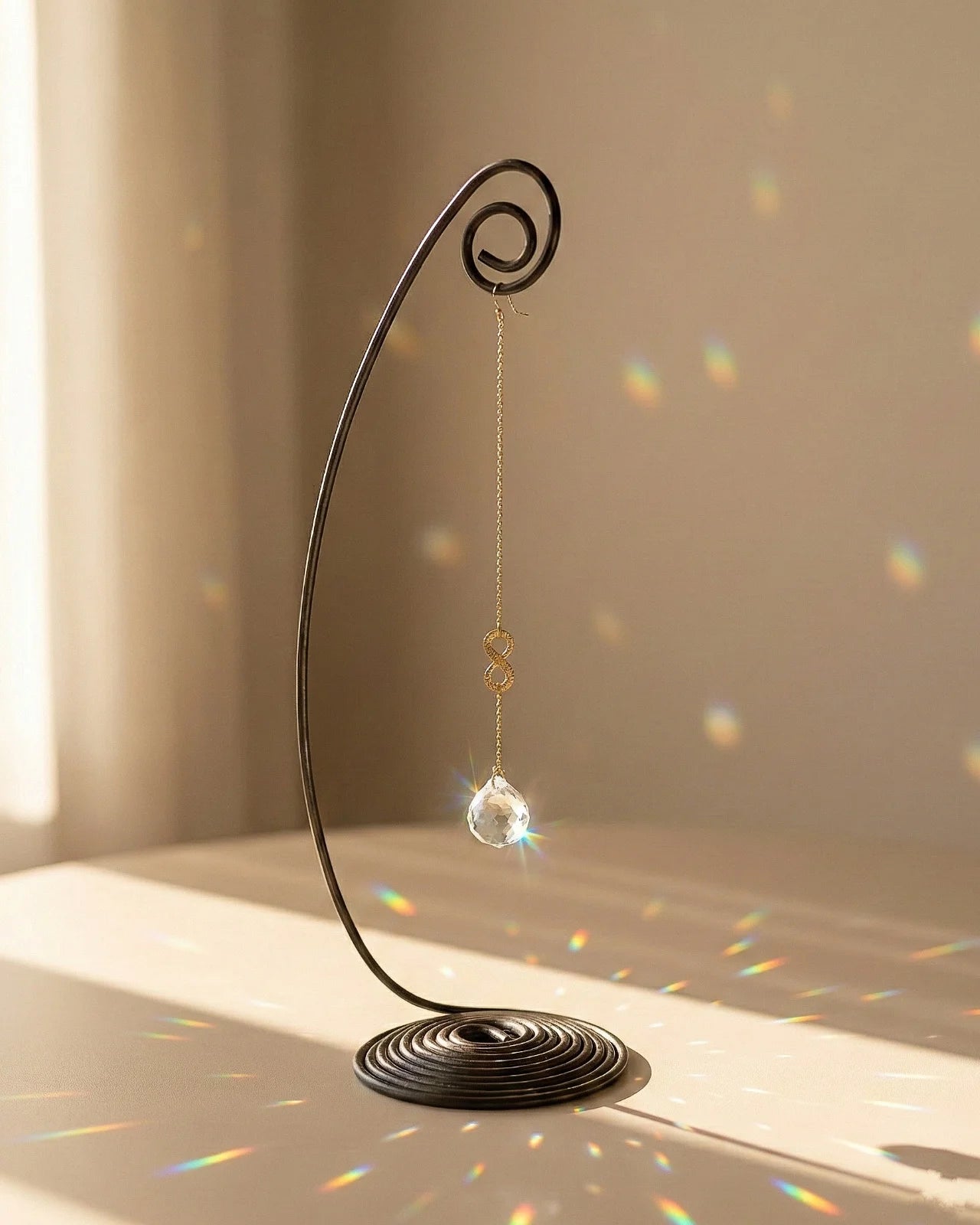 Heliophilia - Acchiappasole feng shui artigianale che crea arcobaleni di luce | Versione da tavolo con supporto in fil di ferro - suncather con cristallo e simbolo in ottone a forma di infinito