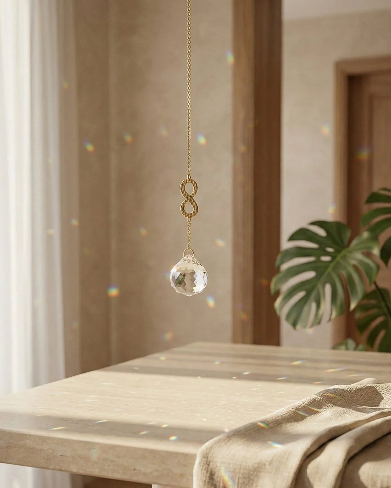 Suncatcher Heliophilia - Acchiappasole feng shui artigianale che crea arcobaleni di luce con cristallo e simbolo in ottone a forma di infinito