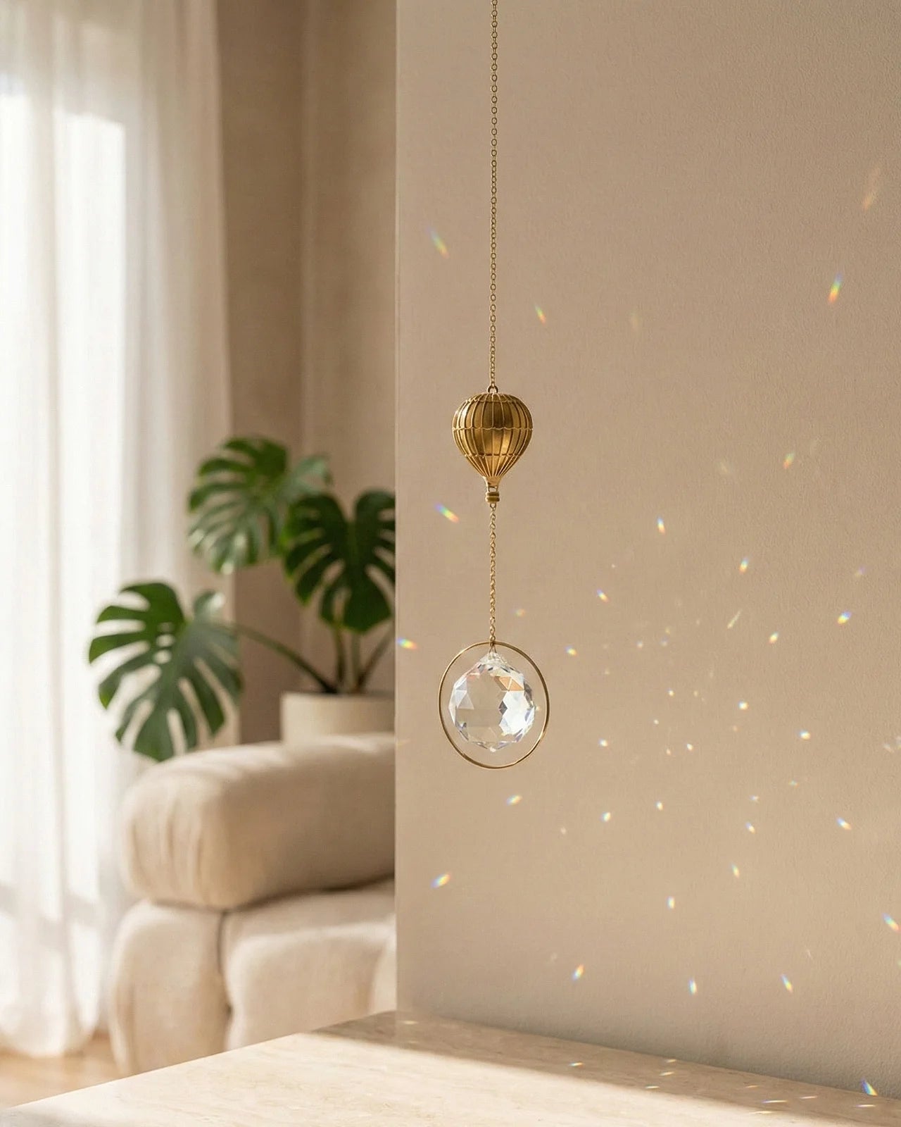 Suncatcher Heliophilia - Acchiappasole feng shui artigianale che crea arcobaleni di luce con cristallo e simbolo in ottone a forma di mongolfiera