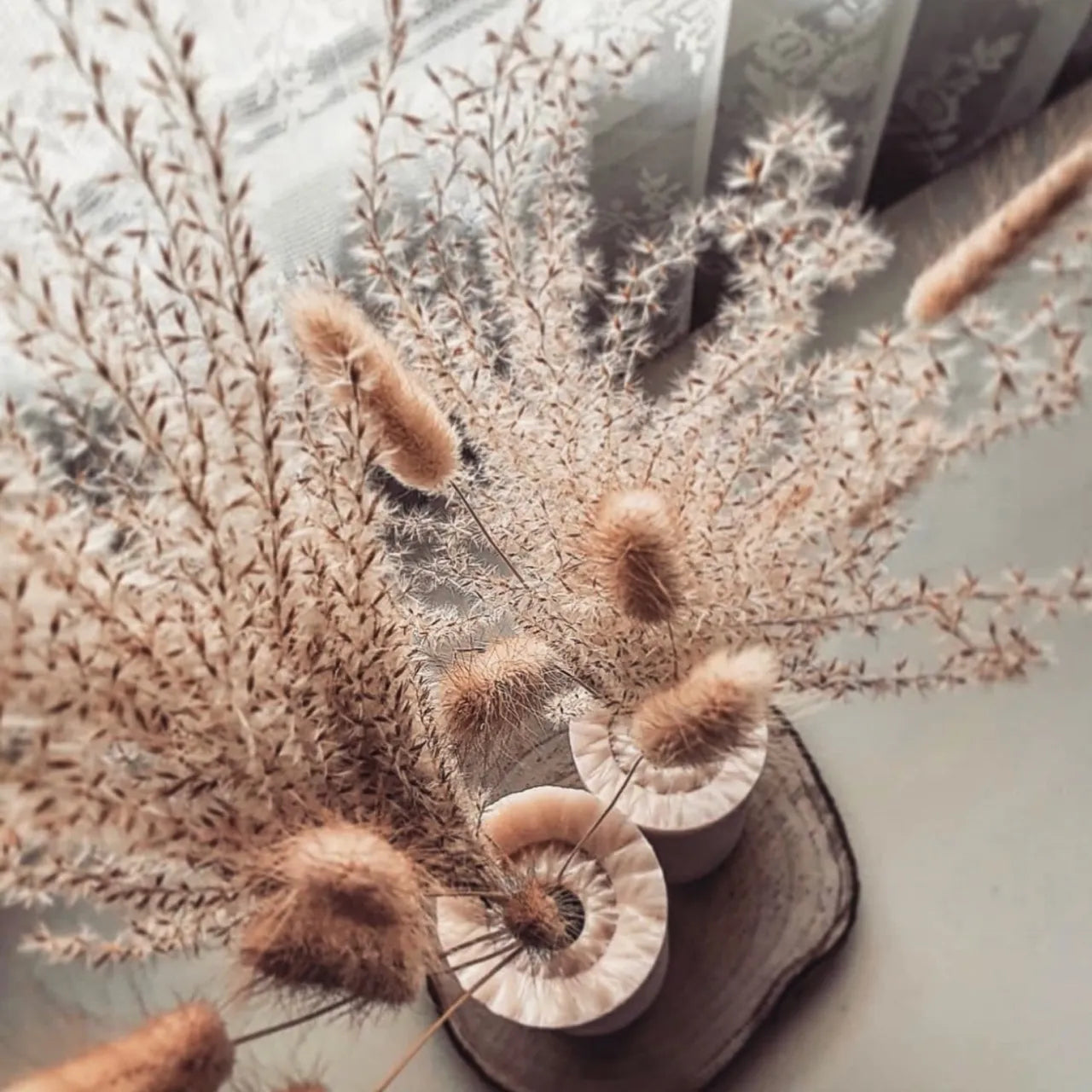 Composizioni e bouquet di fiori secchi, fiori stabilizzati, vasi di cera, vetro e ferro, piante tillandsie e semi