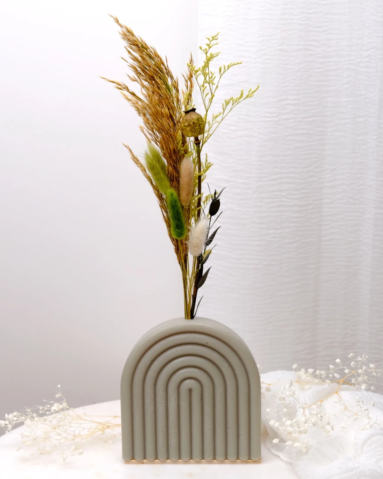 Vaso Arco Iris Serendipity - vaso in cera artigianale a forma di arcobaleno con fiori stabilizzati e secchi verde salvia grande