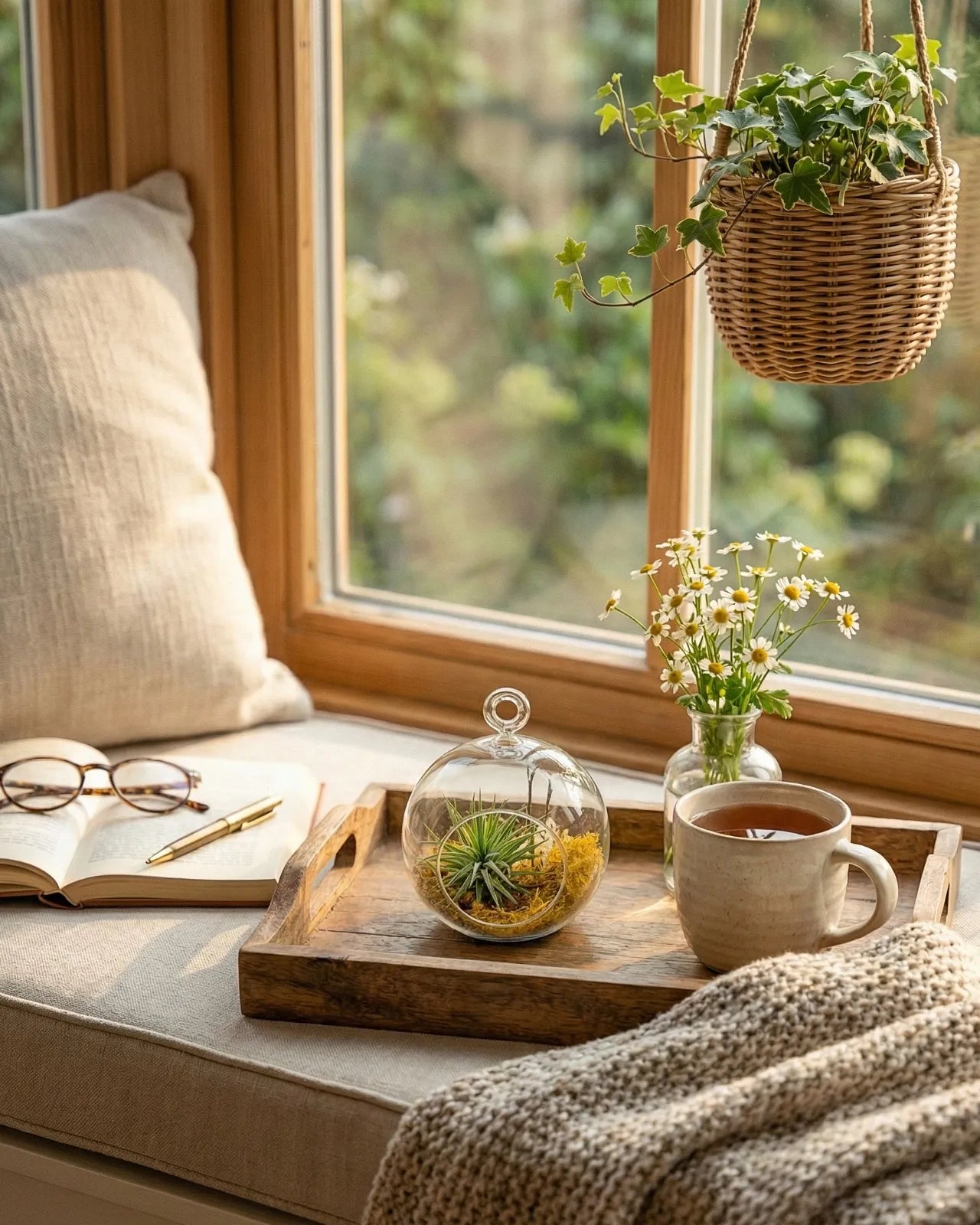 Terrarium artigianale Tillandsia muschio stabilizzato arancio bruciato vetro soffiato fatto a mano