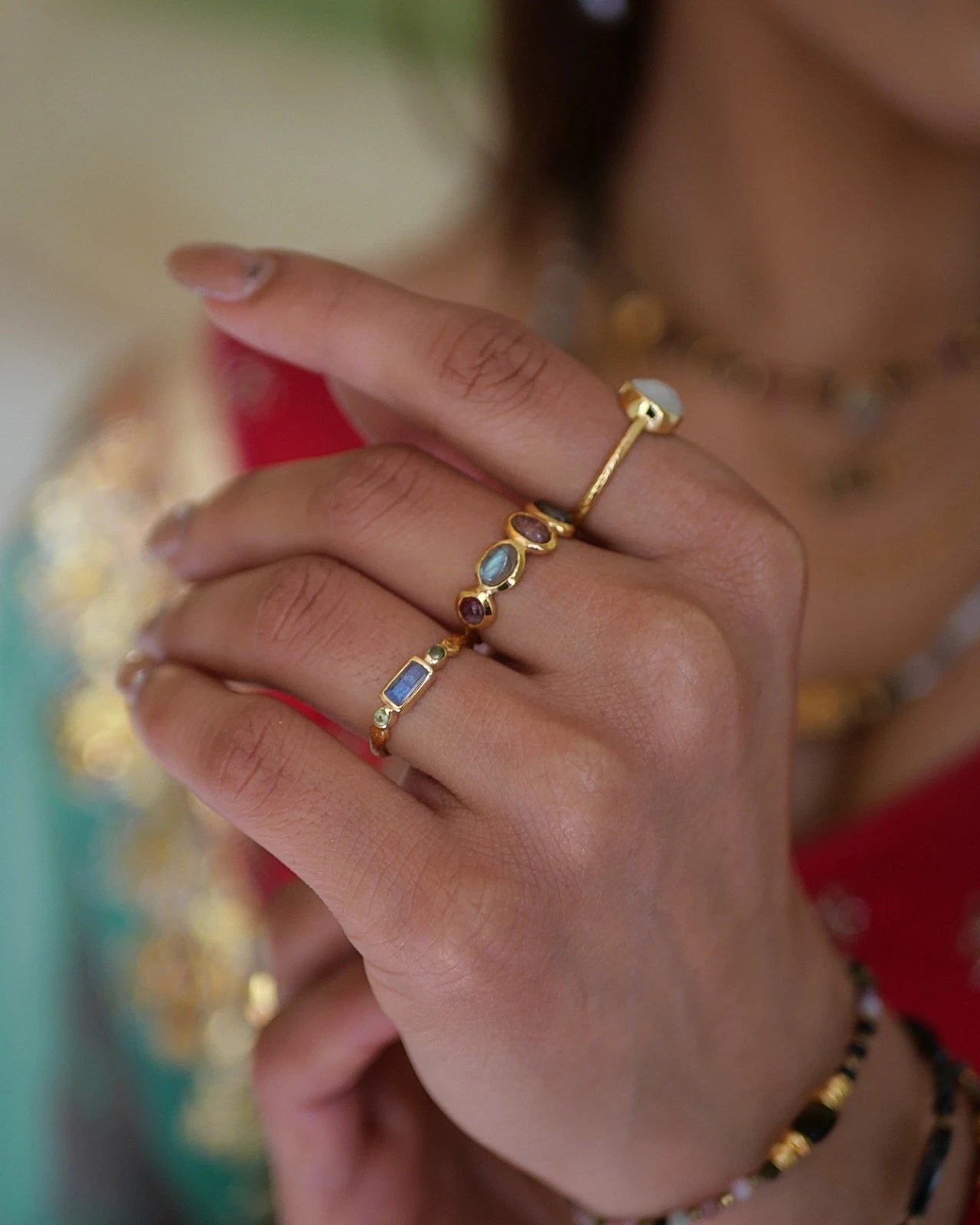 anello artigianale regolabile ottone placcato oro 18k 2 micron Made in France con pietra naturali tormalina rosa e labradorite | Io Sono La Luce Roma