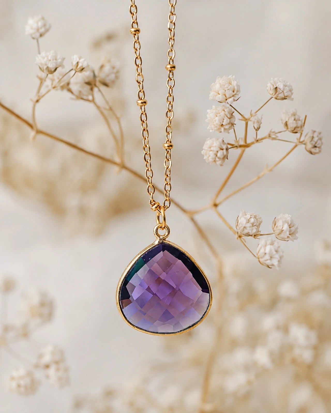 collana artigianale made in paris in ottone placcato oro 18k 2 micron con ciondolo pietra naturale ametista - roma
