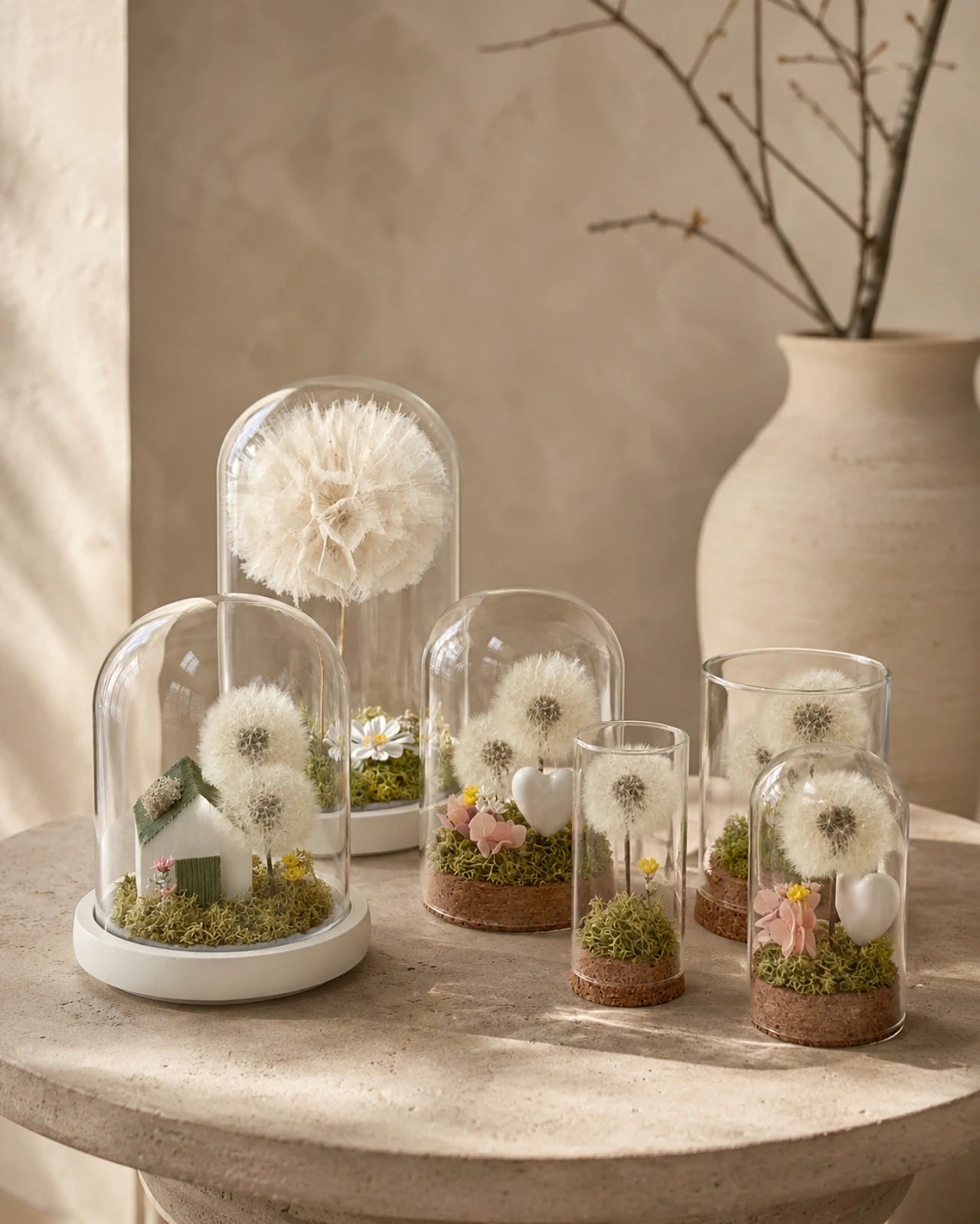 Collezione di terrarium botanici poetici eterni con soffioni veri stabilizzati, prato muschio stabilizzato e glixie | Giardino dei Desideri - Roma