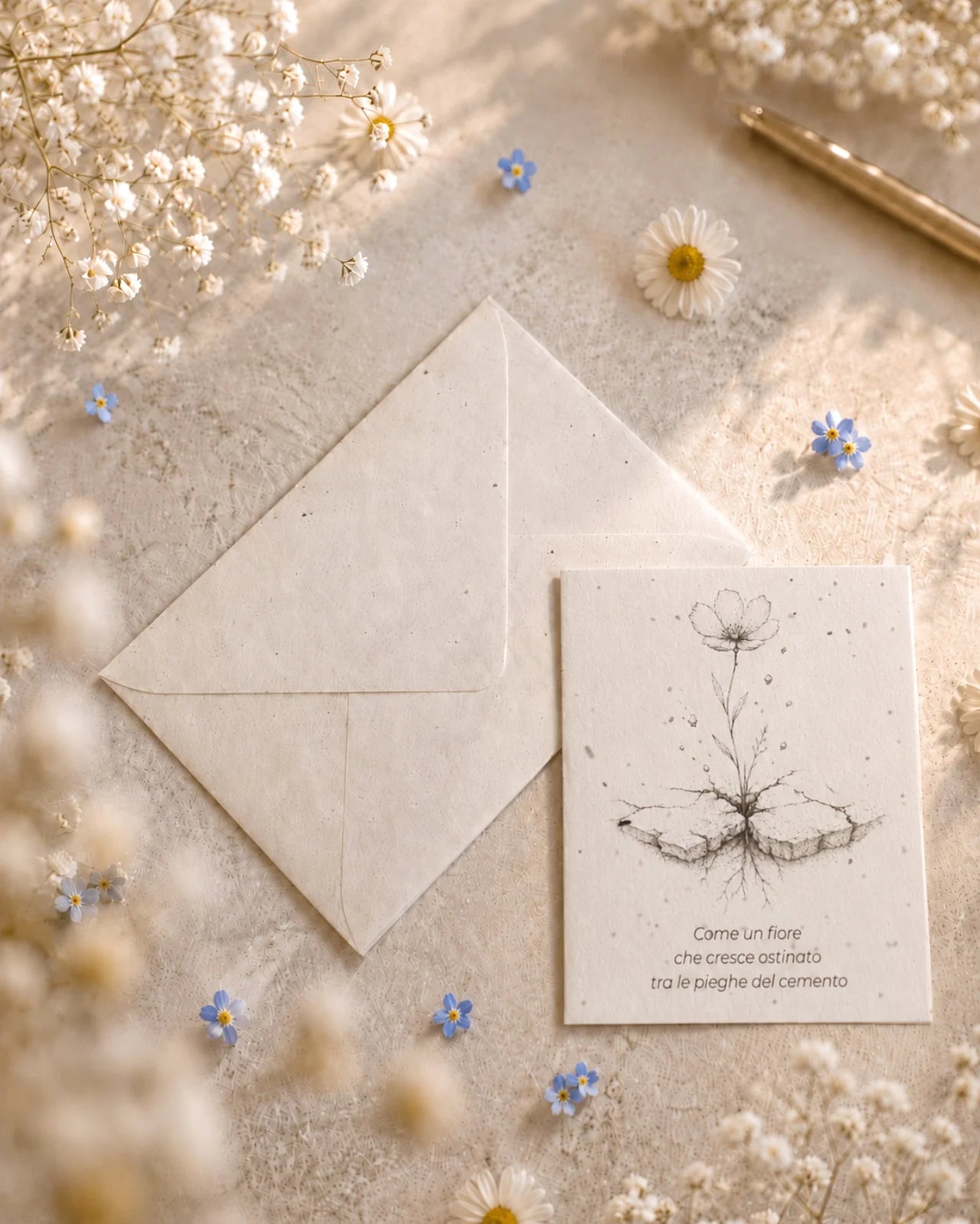 bigliettino auguri con illustrazione disegno poetico bianco e nero su carta artigianale arricchita con semi di fiori di campo ( margherite, papavero e non-ti-scordar-di-me ) con bustina | Per momenti difficili: come un fiore che cresce ostinato tra le pieghe del cemento