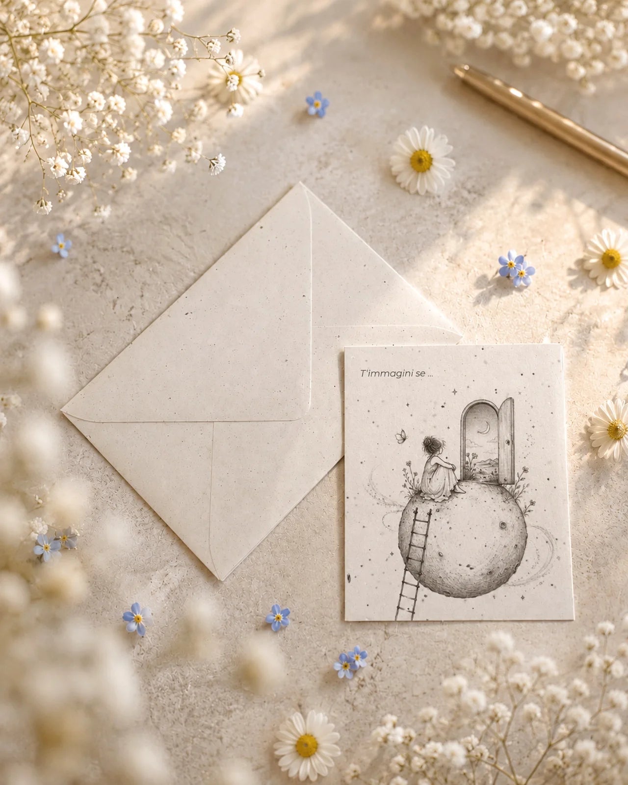 bigliettino auguri con illustrazione disegno poetico bianco e nero su carta artigianale arricchita con semi di fiori di campo ( margherite, papavero e non-ti-scordar-di-me ) con bustina | Per motivazione: t'immagini se ...