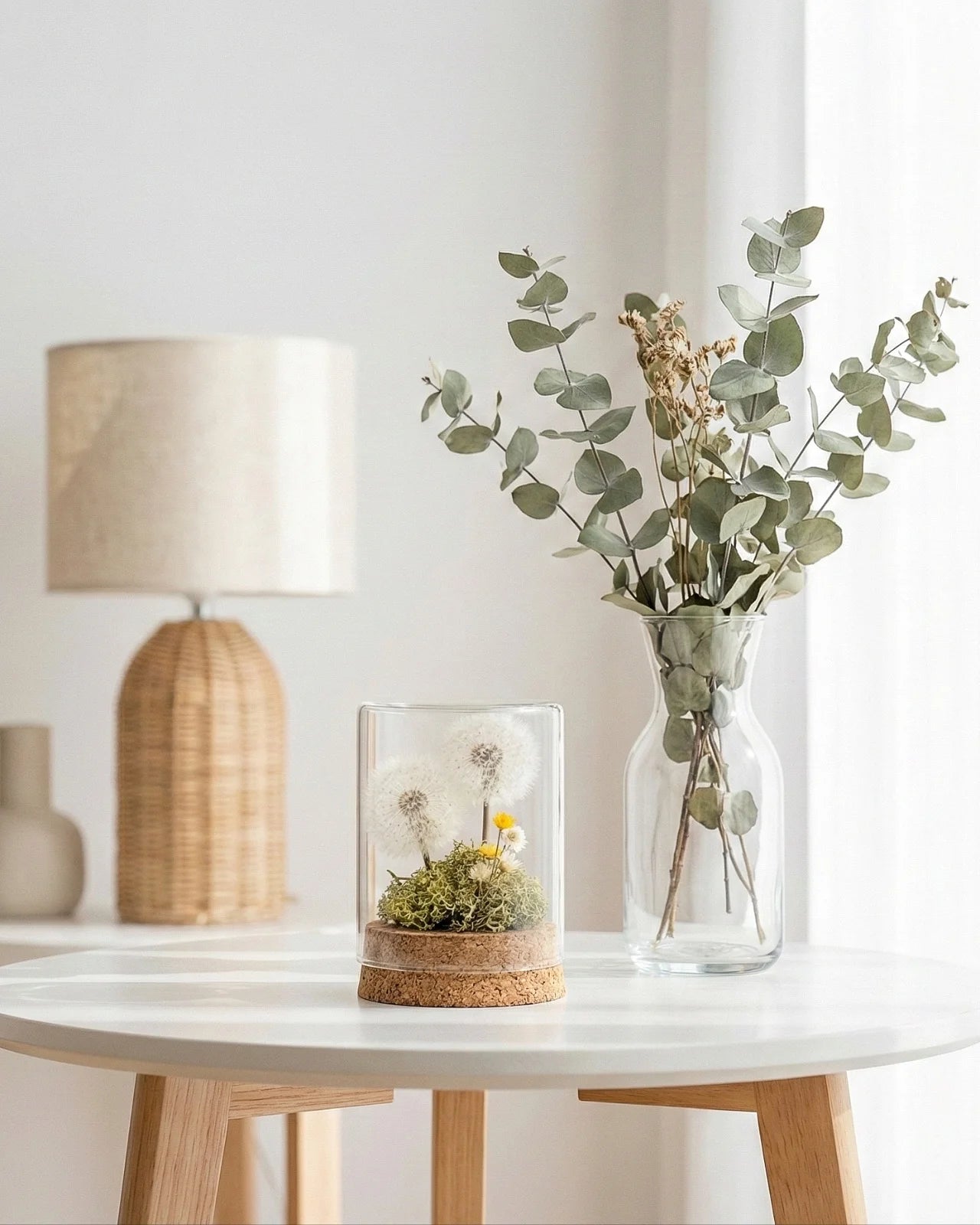 Composizione soffioni stabilizzati in ampolla vetro con base legno regalo botanico originale naturale