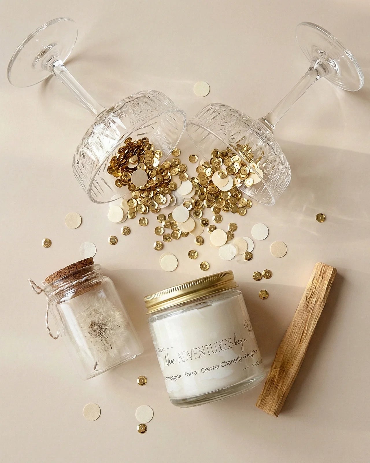 Gift box per celebrare occasioni speciali: candela profumata cera di soia, fiore dei desideri ( soffione dandelion dente di leone ) e palo santo | Inizio di nuove avventure e nuovi progetti