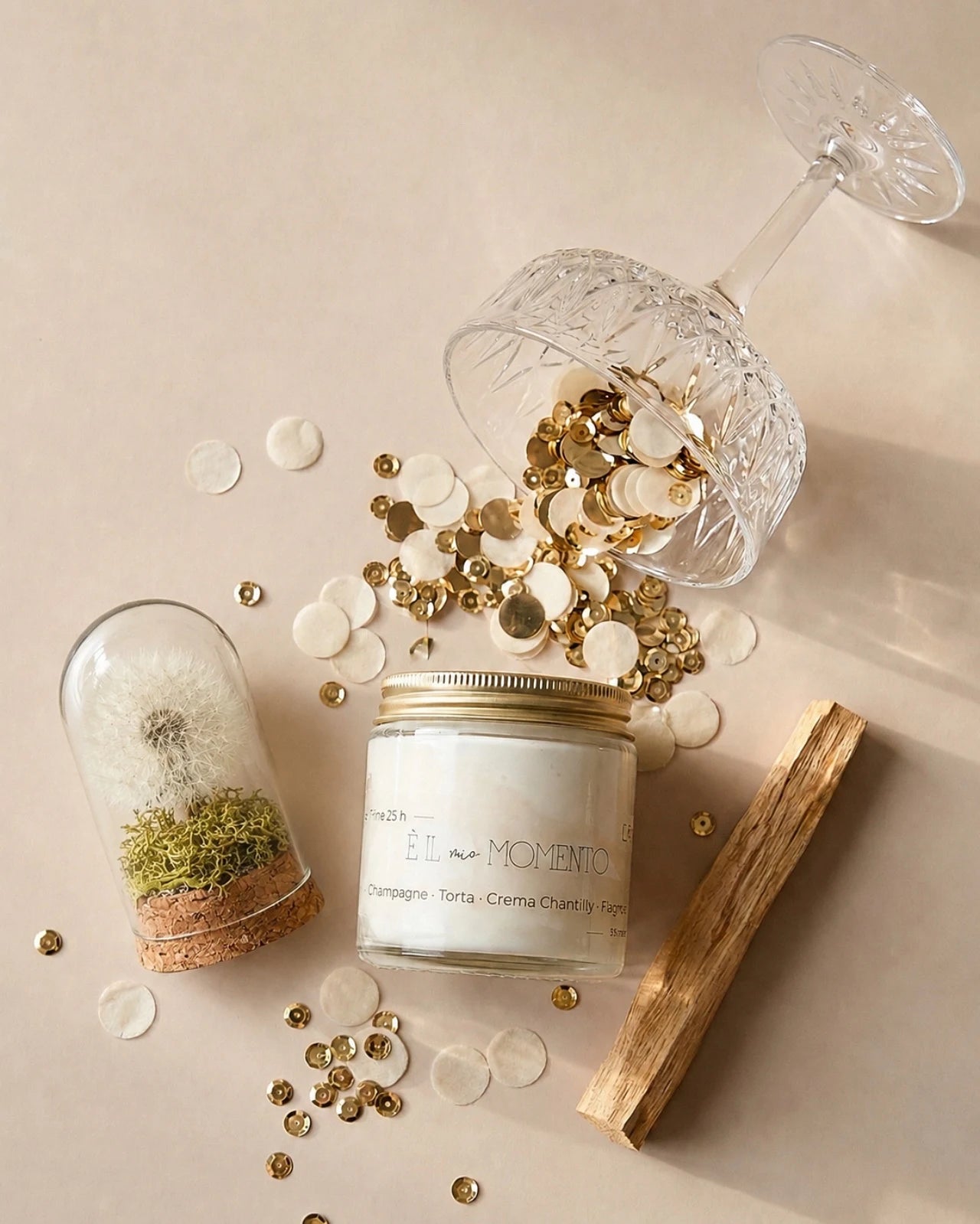 Gift box per celebrare occasioni speciali: candela profumata cera di soia, fiore dei desideri ( soffione dandelion dente di leone ) e palo santo | Per traguardi raggiunti, vittorie e realizzazione dei sogni