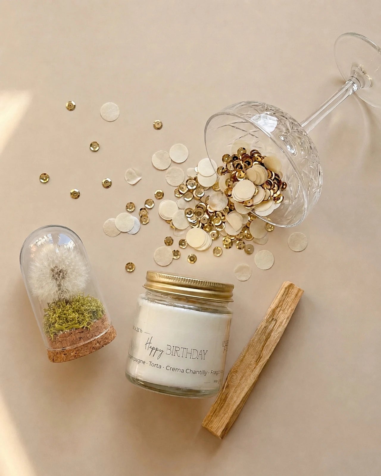 Gift box per celebrare occasioni speciali: candela profumata cera di soia, fiore dei desideri ( soffione dandelion dente di leone ) e palo santo | Buon compleanno, per celebrare e festeggiare il giorno più importante