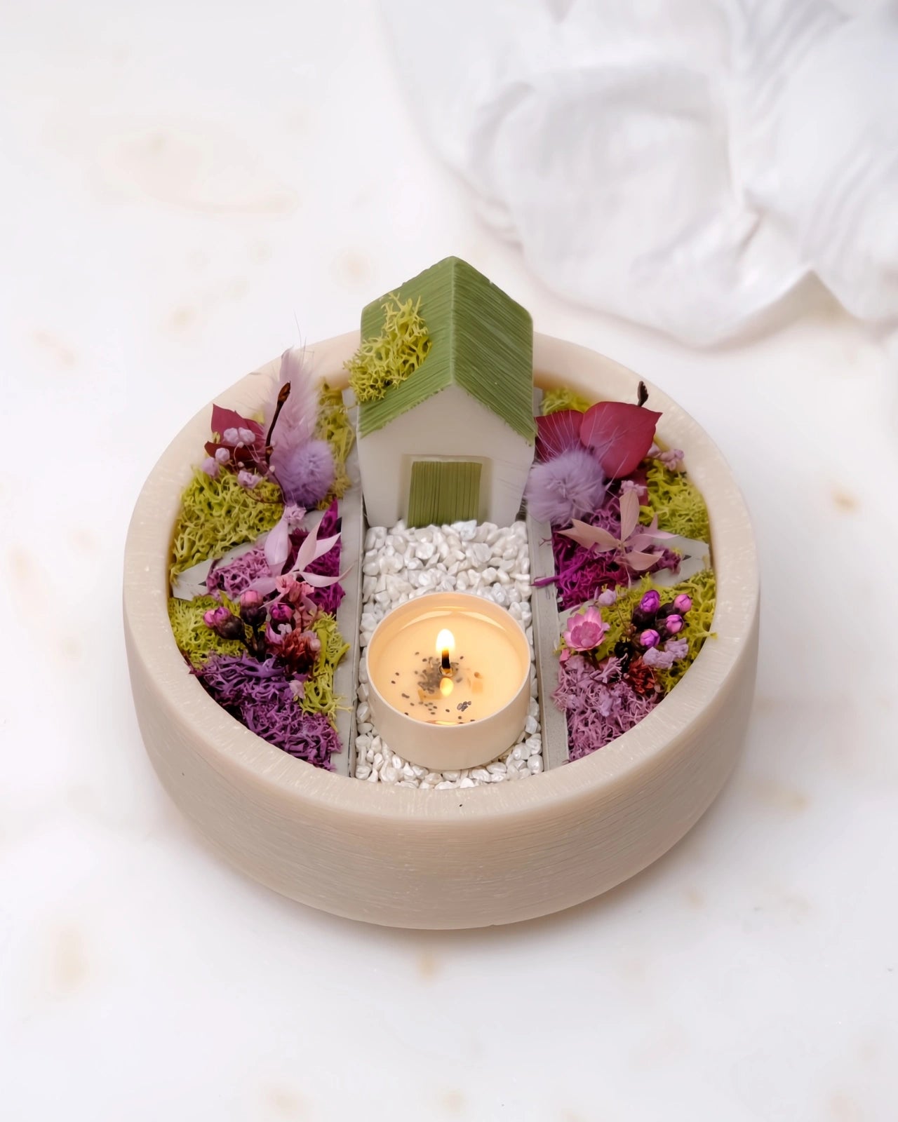 bonseki giardino zen rituale meditazione candela - vassoio tondo colore beige e lilla