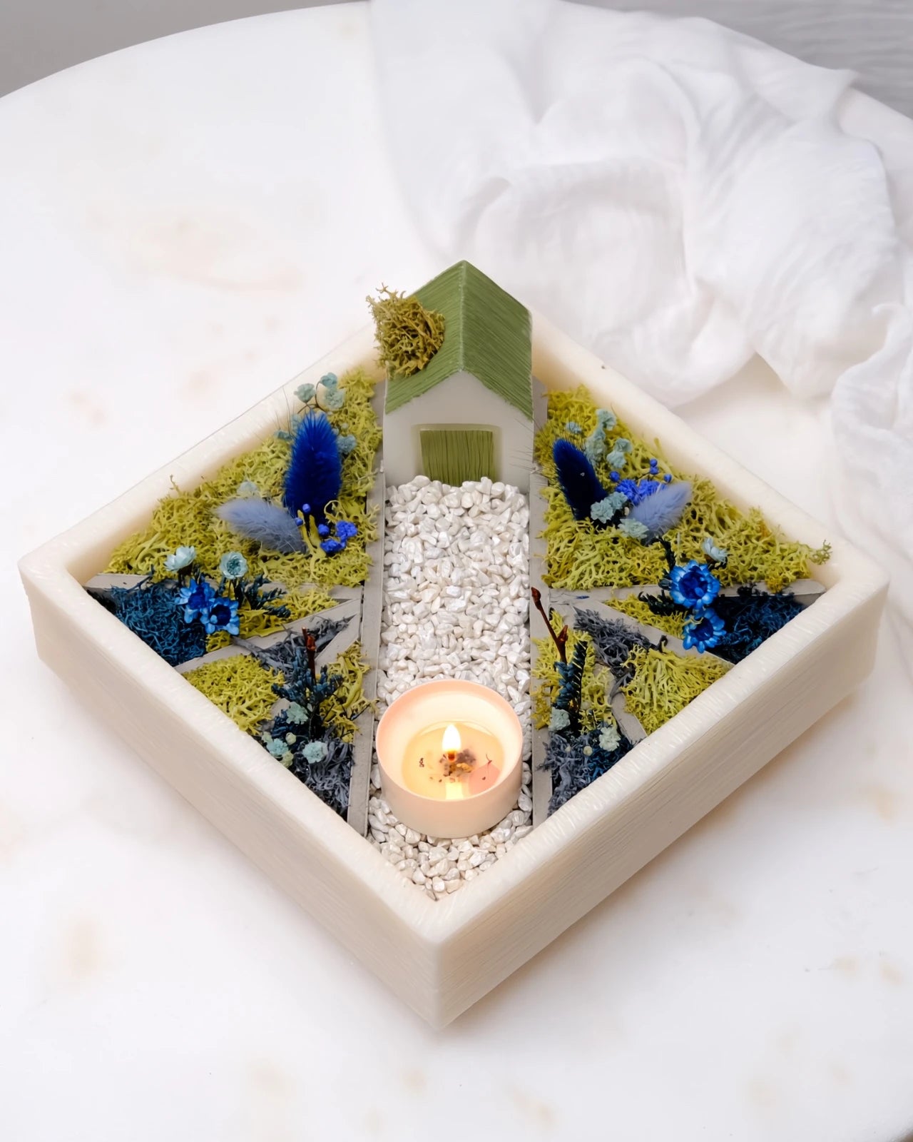 bonseki giardino zen rituale meditazione candela - vassoio quadrato colore crema e blu