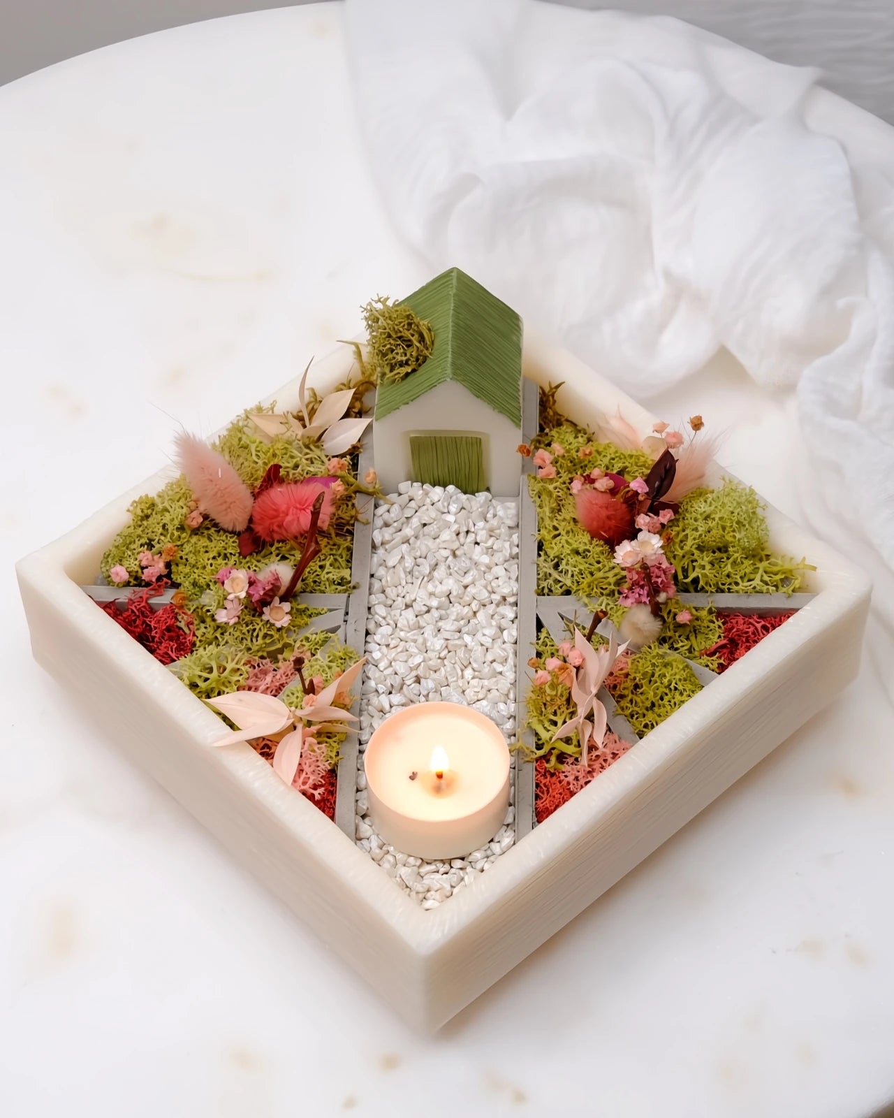 bonseki giardino zen rituale meditazione candela - vassoio quadrato colore crema e rosa