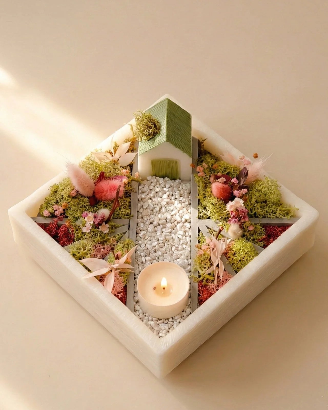 bonseki giardino zen rituale meditazione candela - vassoio quadrato colore crema e rosa