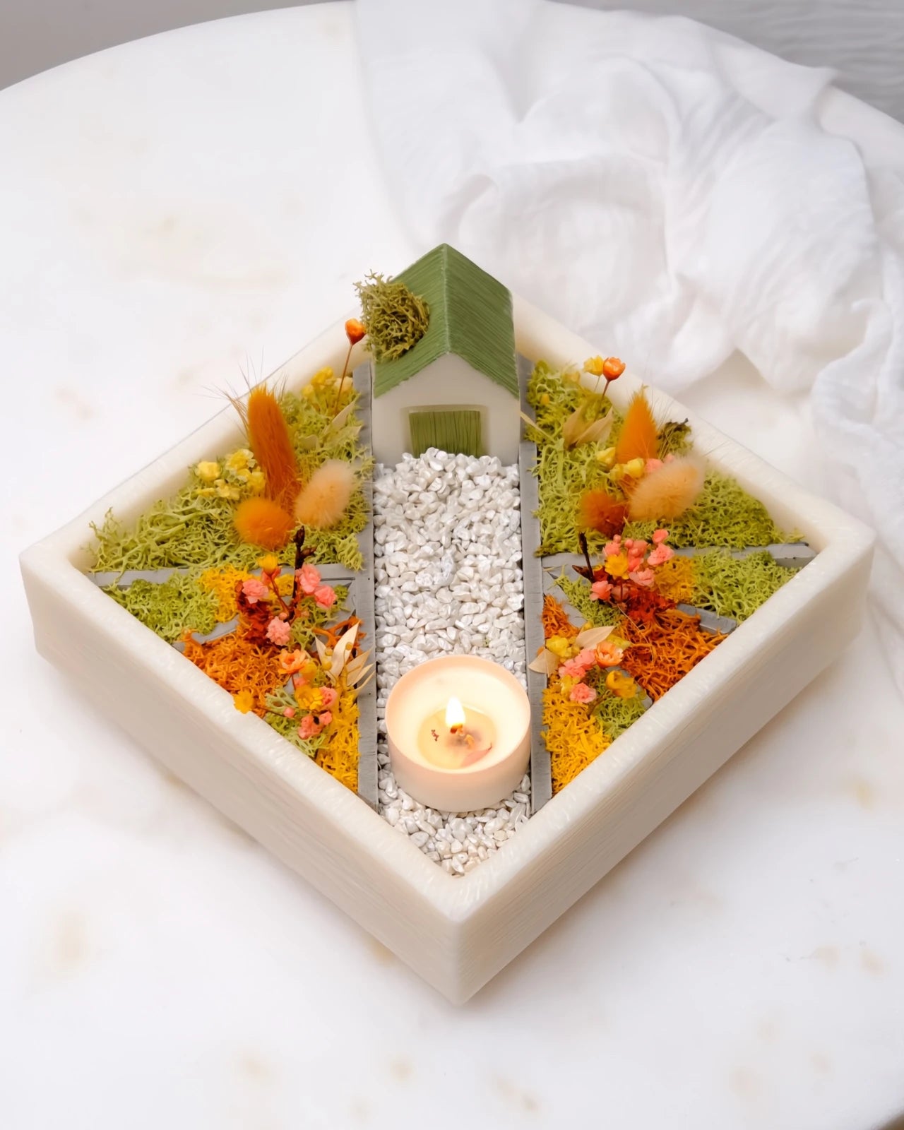 bonseki giardino zen rituale meditazione candela - vassoio quadrato colore crema e arancione