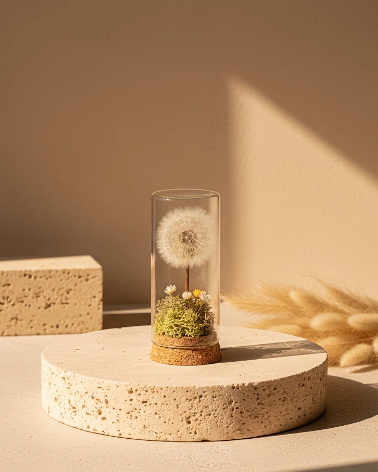 collezione giardino dei desideri | Terrarium con Soffioni Stabilizzati e Prato Muschio Stabilizzato in Ampolle o Campane di Vetro con Base in Legno e Sughero - Idea regalo unica e poetica - Misura Intimate Soffione Singolo Piccolo