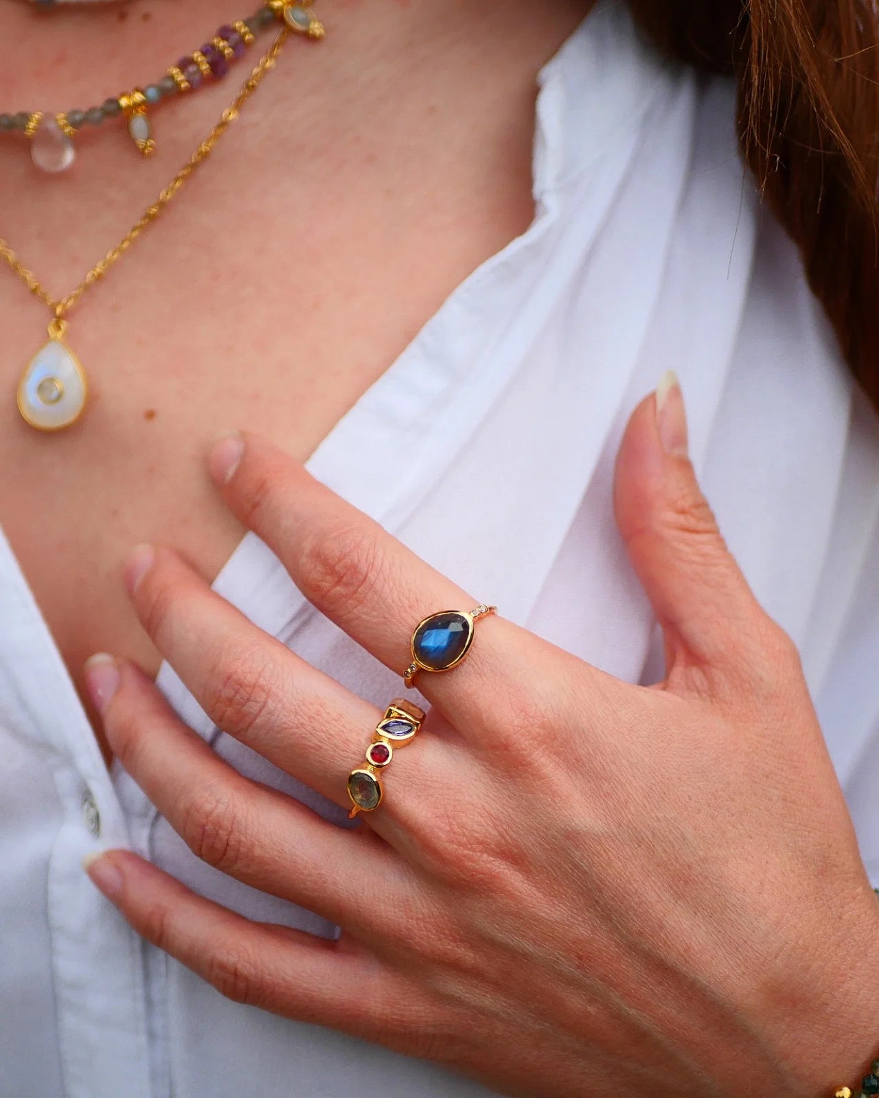 anello artigianale ottone placcato oro 18k 2 micron made in France con pietra naturale labradorite - Roma