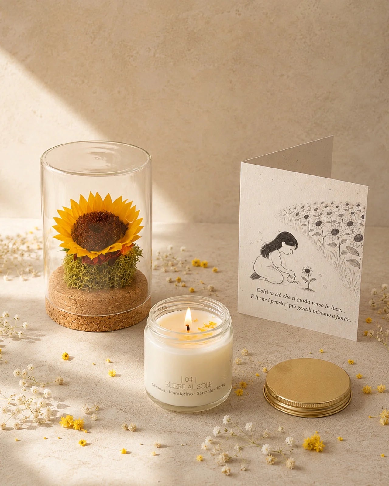 Gift Box La Luce Che Sei con candela Cafunè Ridere al Sole, girasole stabilizzato Soleil in ampolla di vetro e biglietto piantabile Floriensoul | Gift Box per le persone che fanno luce come regalo di compleanno, amicizia o nuovo inizio