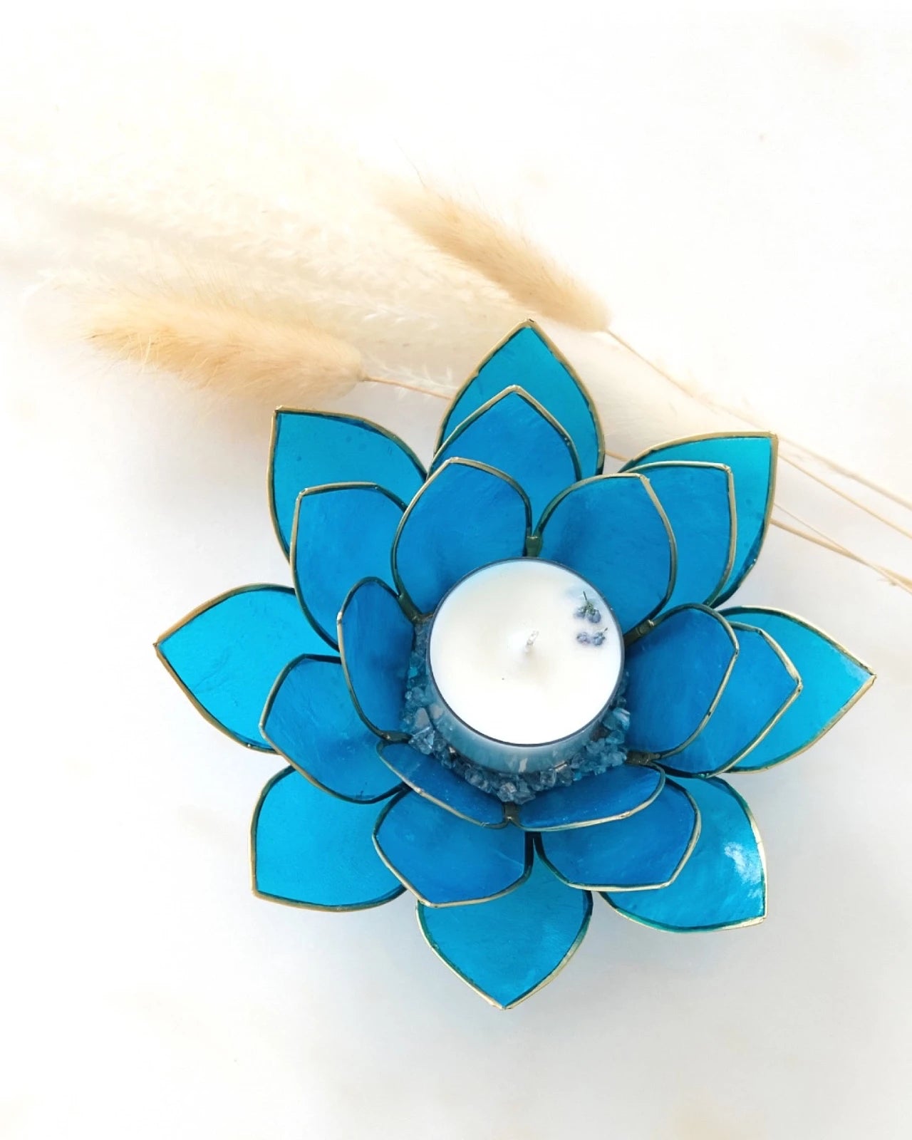 Puro: portacandele a forma di fior di loto in conchiglia colore celeste