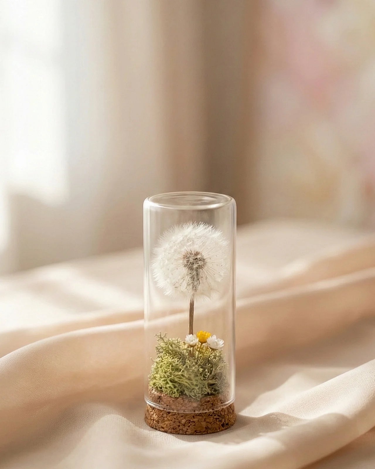 dente di leone ( soffione ) preservato in ampolla di vetro con base di sughero con glixie e muschio verde stabilizzato