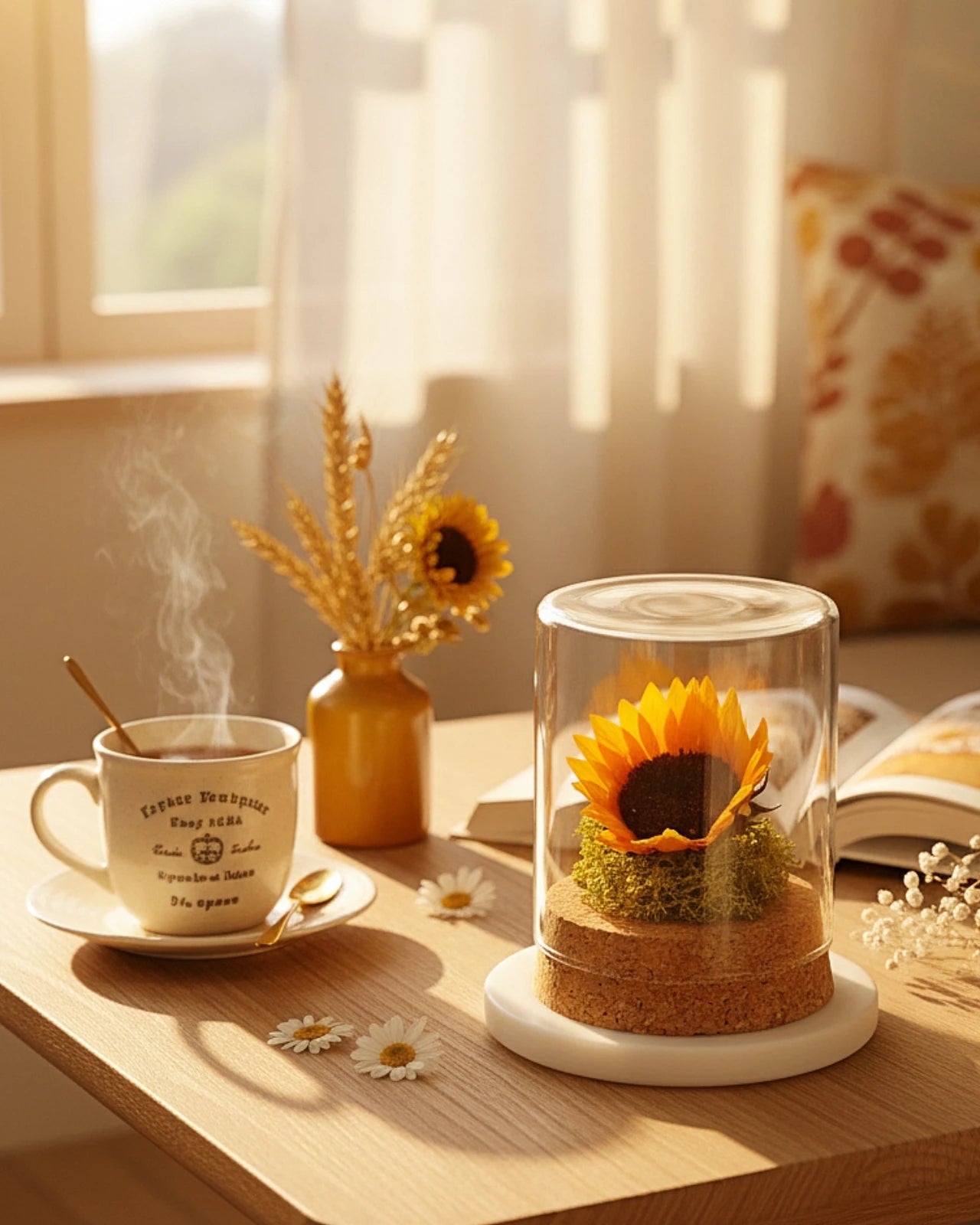 Girasole stabilizzato in ampolla di vetro con base sughero - regalo botanico