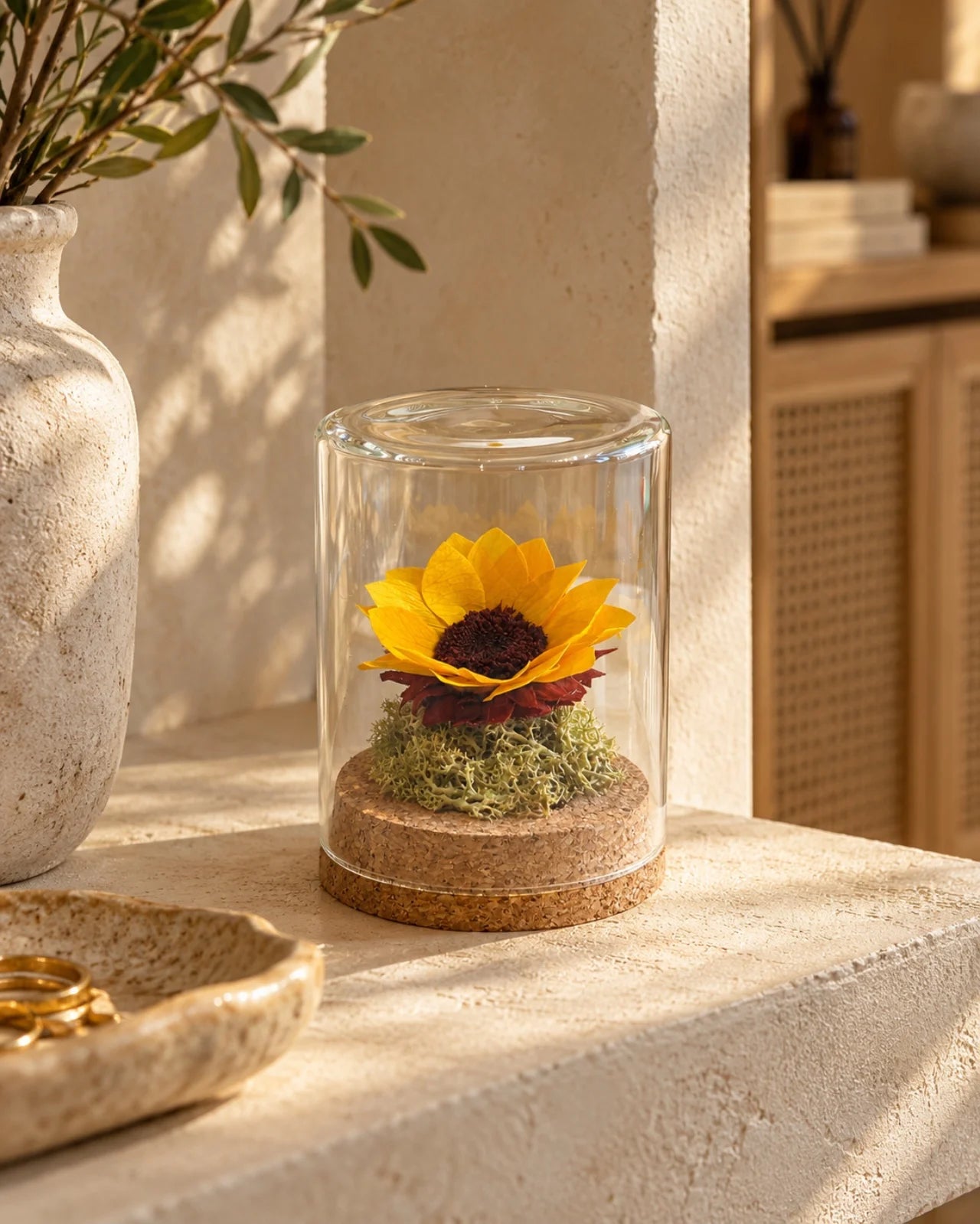 Fiore stabilizzato girasole in cloche vetro con muschio e sughero, decorazione eterna