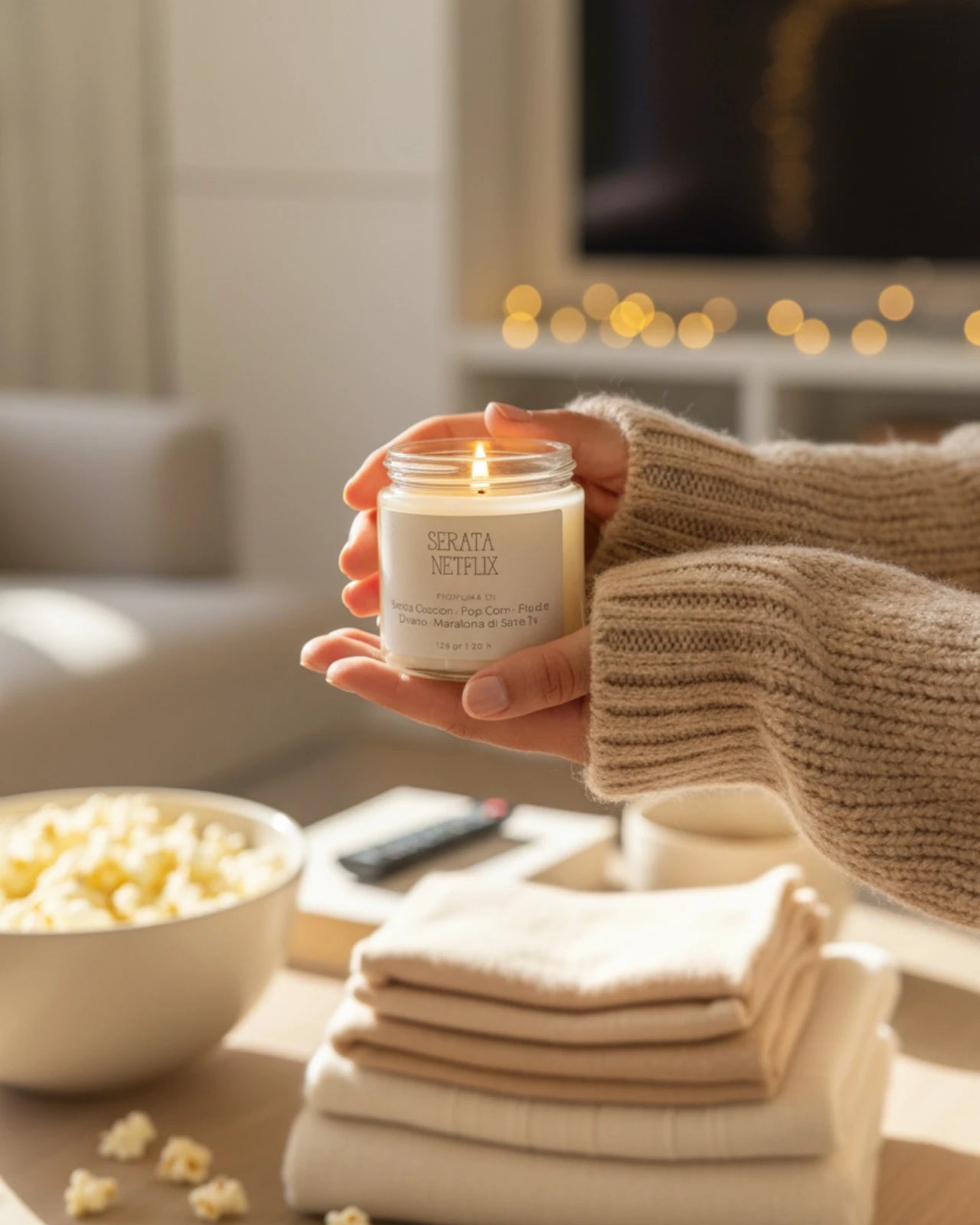 Candele sensoriali slow living - Collezione Stop al Tempo - Serata Netflix - Candela profumata in cera di soia al profumo di pop corn formato 120 gr
