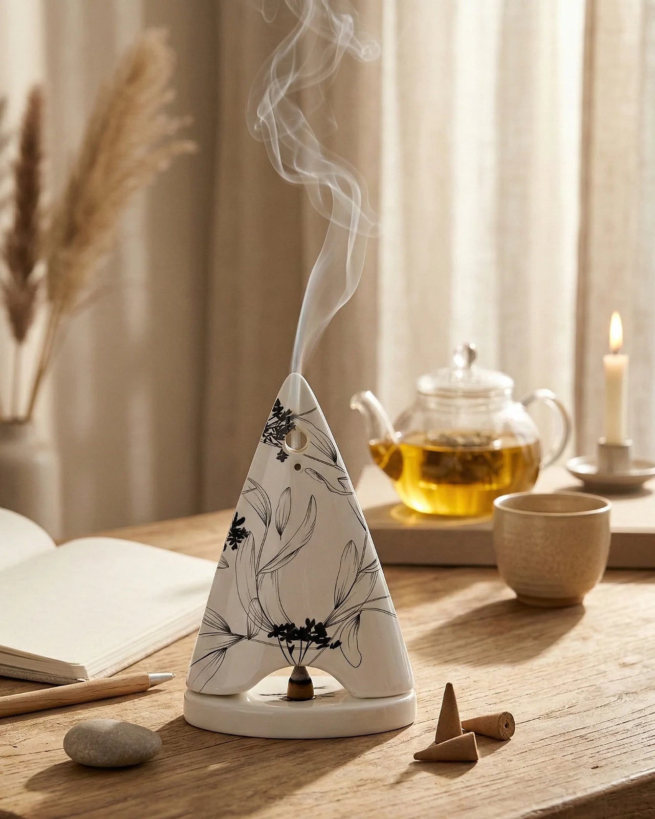 Incensiere porcellana forma piramidale con cono di incenso, oggetto decorativo e rituale