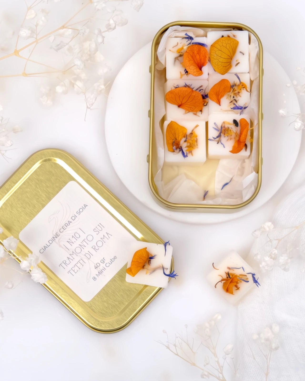 tartine profumate in pura cera di soia al profumo di tramonto sui tetti di Roma mughetto e tuberosa