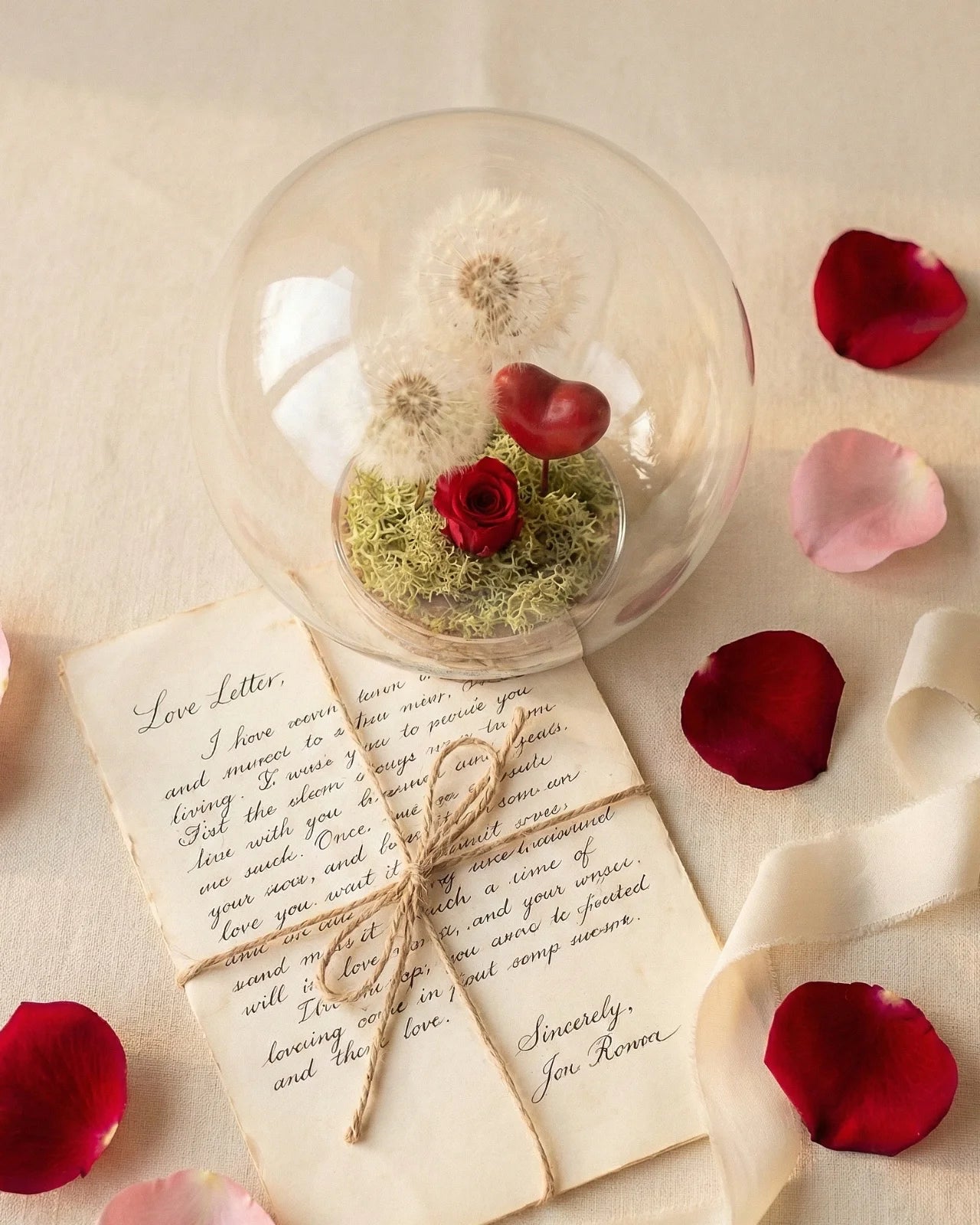 Terrarium Ubi Tu Ibi Ego con lettera amore scritta a mano petali rosa - regalo poetico San Valentino coppia