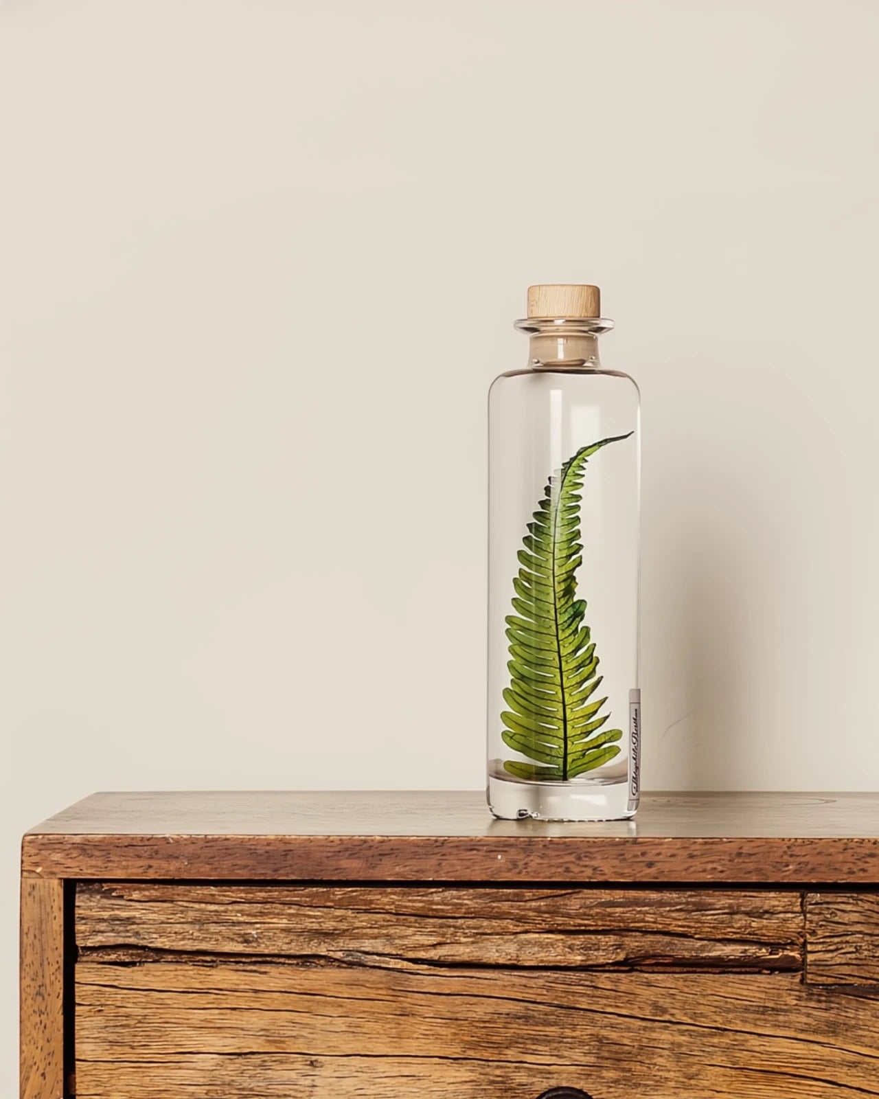 wabi sabi herbarium giapponese artigianali con fiori conservati in bottiglia di vetro farmaceutico e tappo in legno naturale - foglia stabilizzata di argyrea - dimensione grande