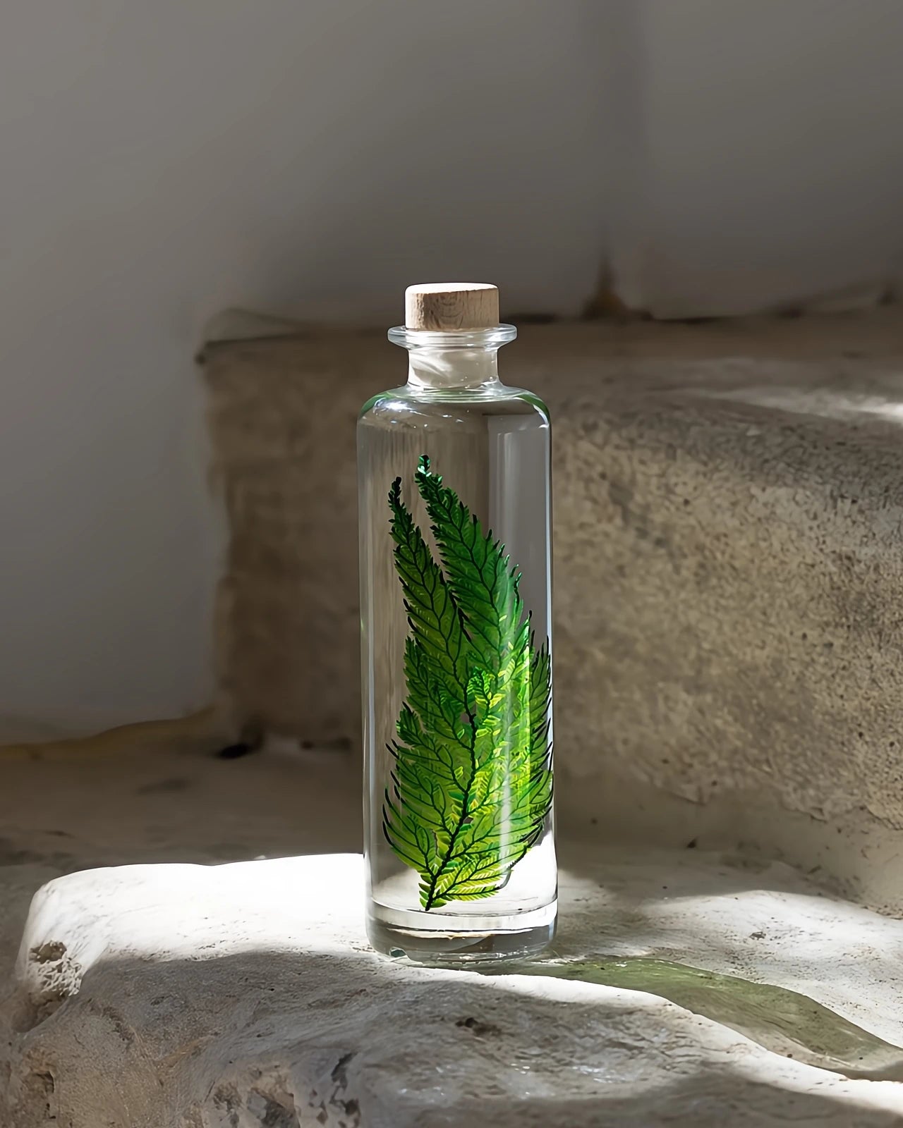 wabi sabi herbarium giapponese artigianali con fiori conservati in bottiglia di vetro farmaceutico e tappo in legno naturale - foglia stabilizzata di felce colombiana - dimensione grande