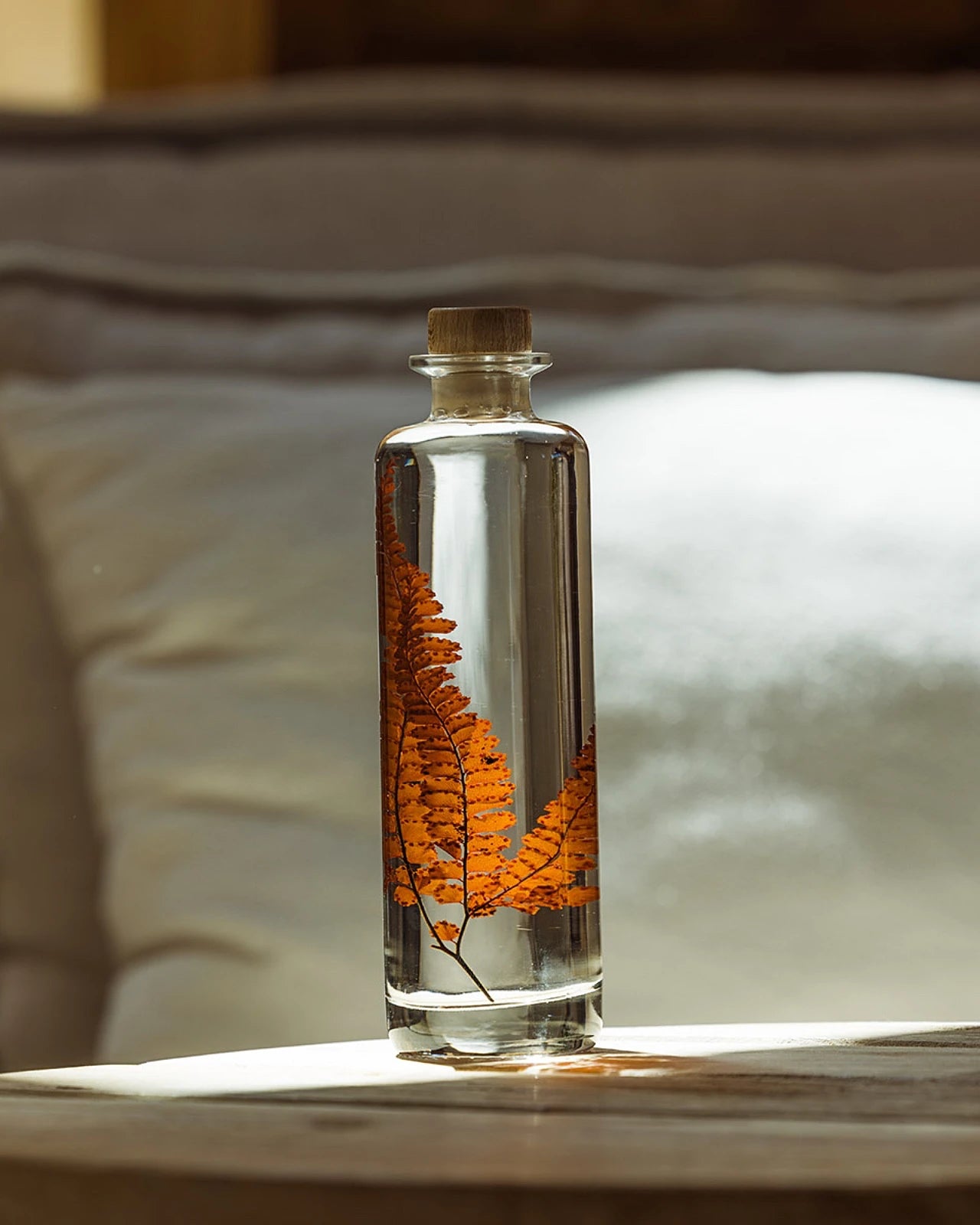 wabi sabi herbarium giapponese artigianali con fiori conservati in bottiglia di vetro farmaceutico e tappo in legno naturale - foglia stabilizzata di felce rossastra - dimensione grande