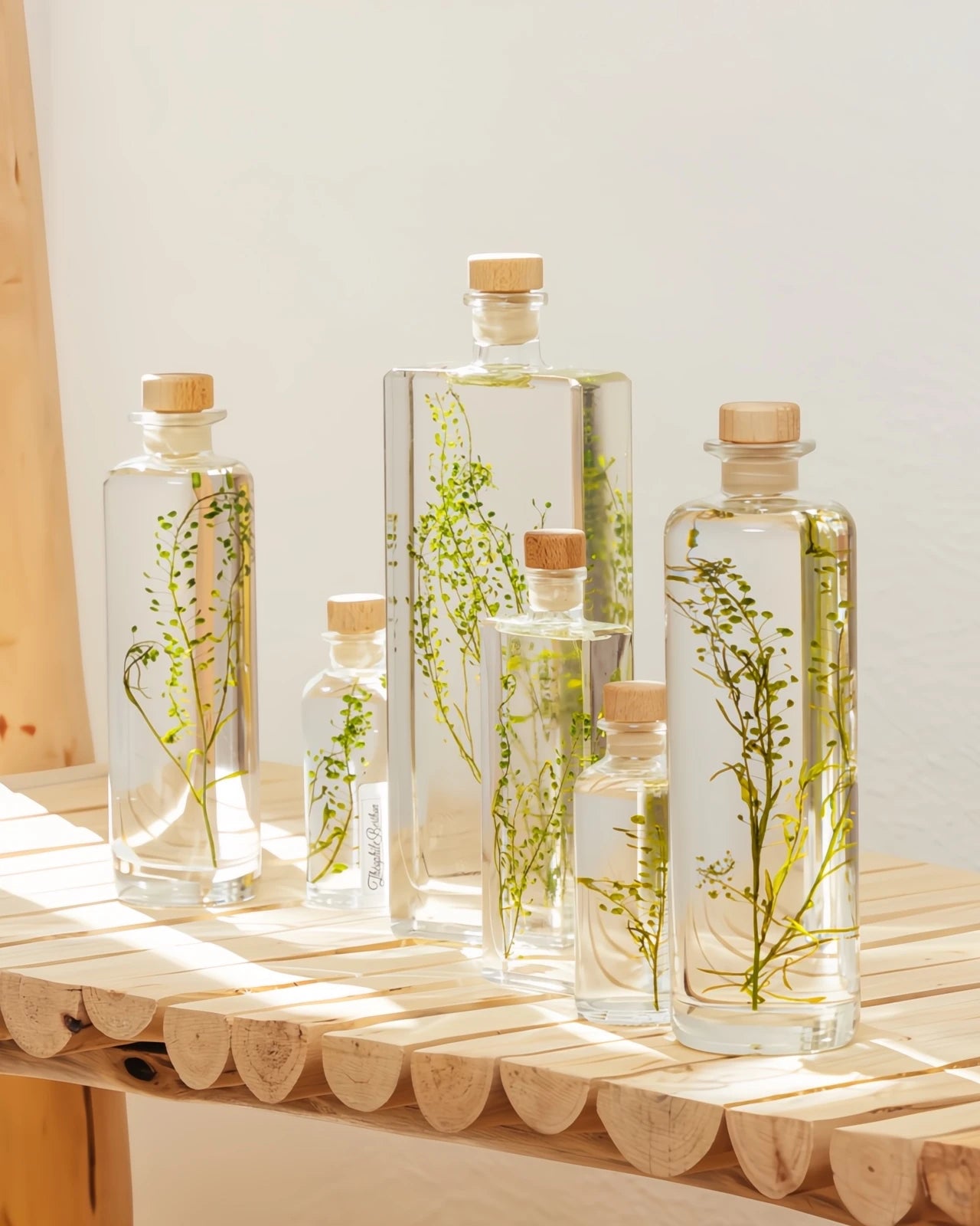wabi sabi herbarium giapponese artigianali con fiori conservati in bottiglia di vetro farmaceutico e tappo in legno naturale colore verde