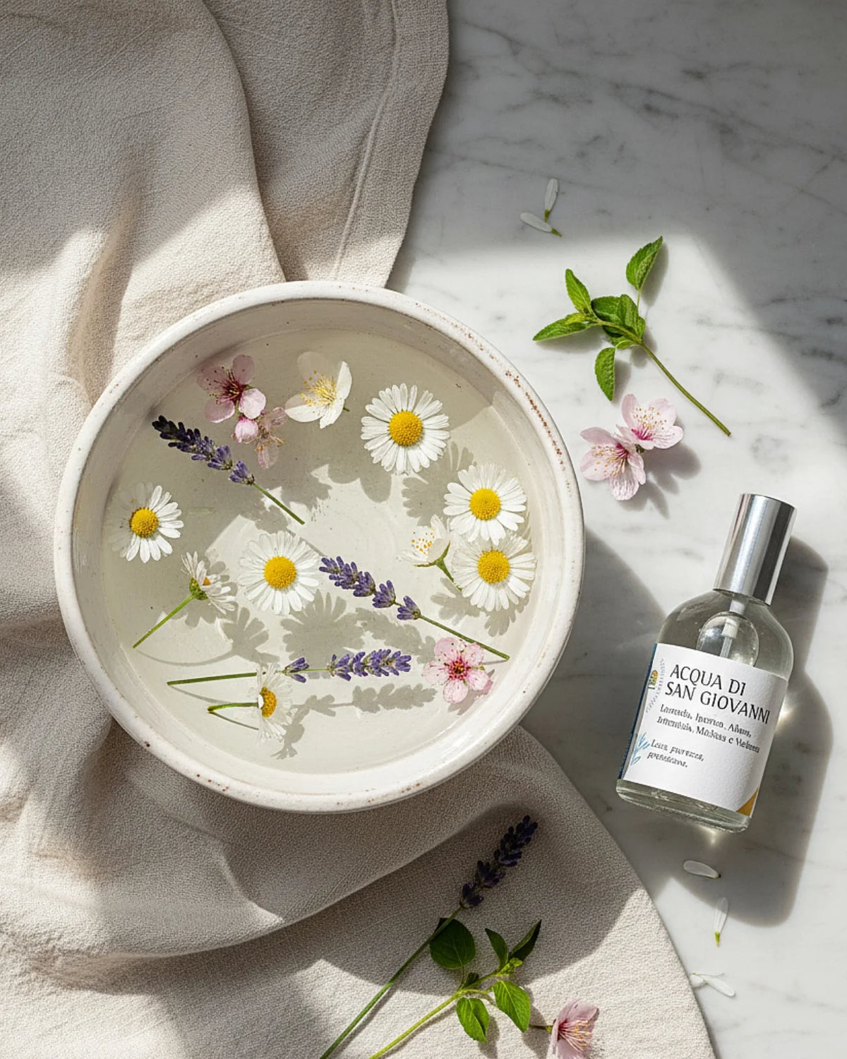 Profumo purificante naturale Acqua di San Giovanni Olfattiva su lino bianco con lavanda fresca aromaterapia 