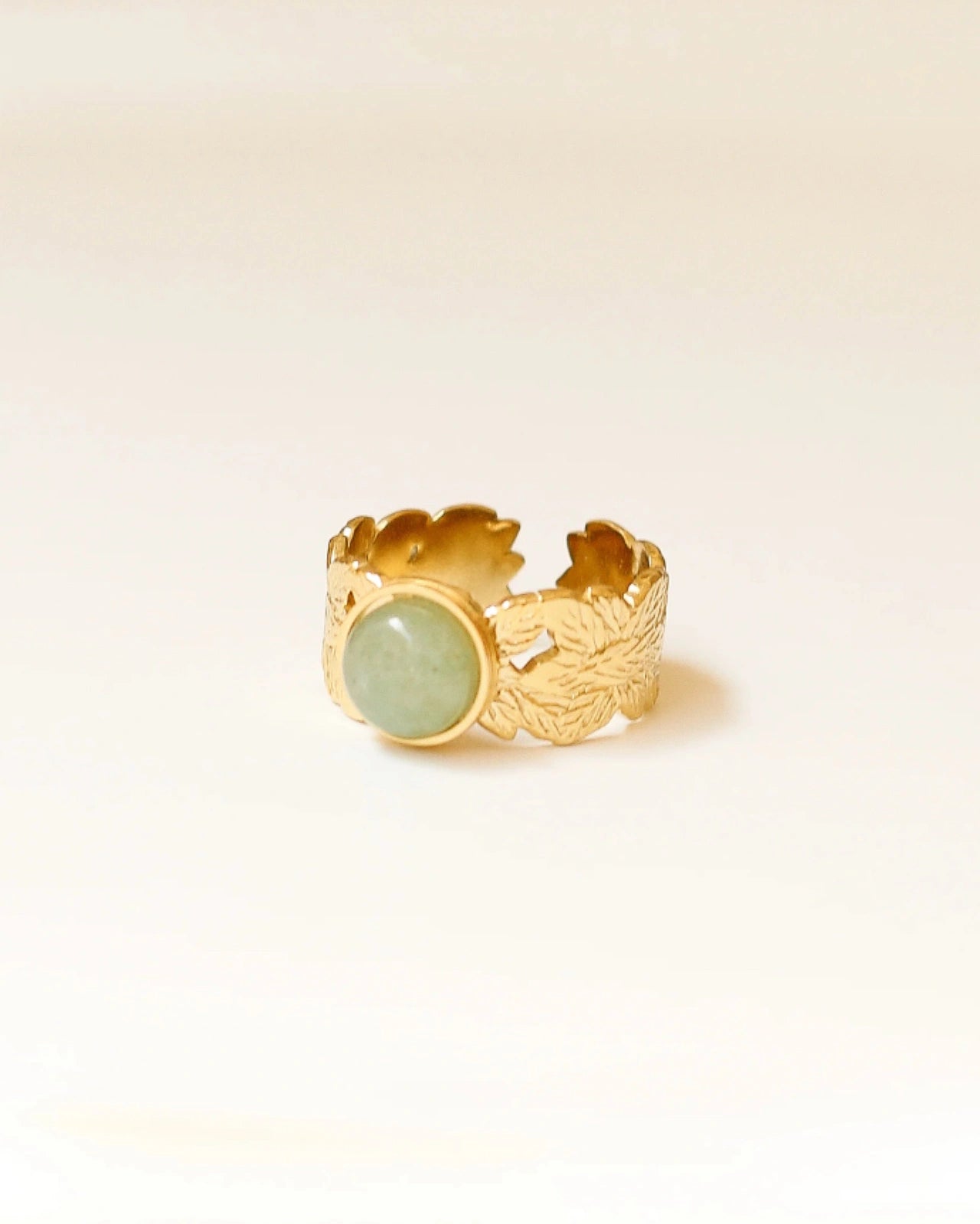 Anello Daphne artigianale made in Paris regolabile con foglie incise e pietra naturale in acciaio inossidabile | Amazzonite | Roma