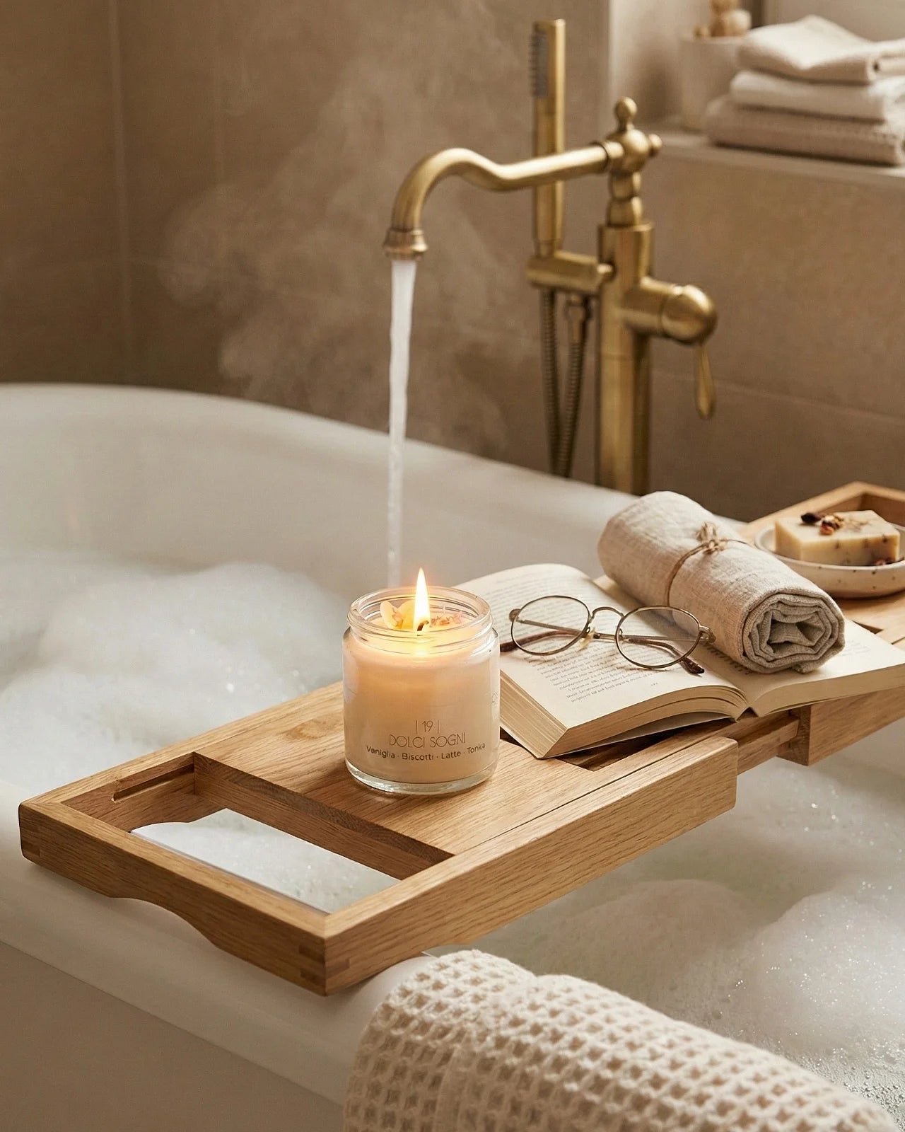 Candela Cafunè in vetro con tappo oro: la candela della coccola gentile profumata in cera di soia artigianale: da donare o da donarsi per piccoli regali teneri | Rituale home spa e coccola a casa 
