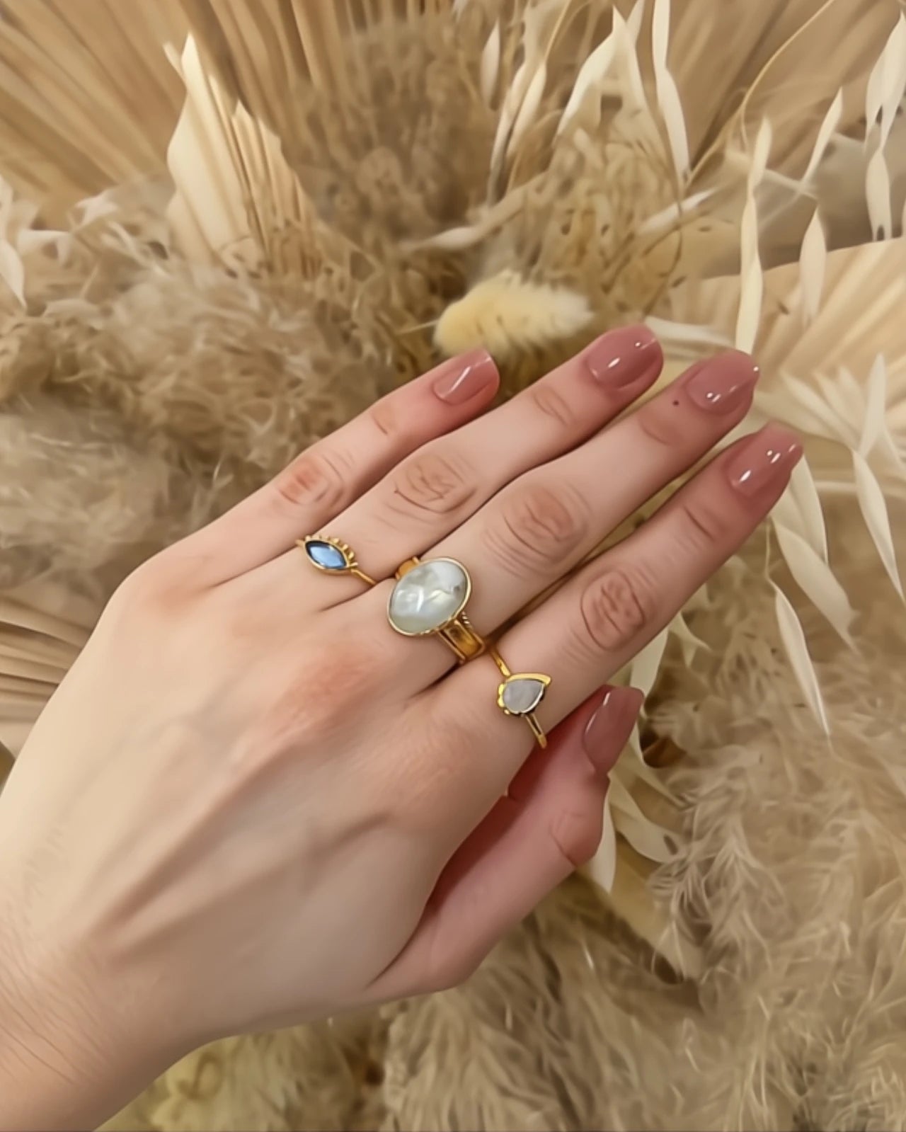 anello artigianale made in france placcato oro 18k 2 micron con pietra di luna arcobaleno | Roma