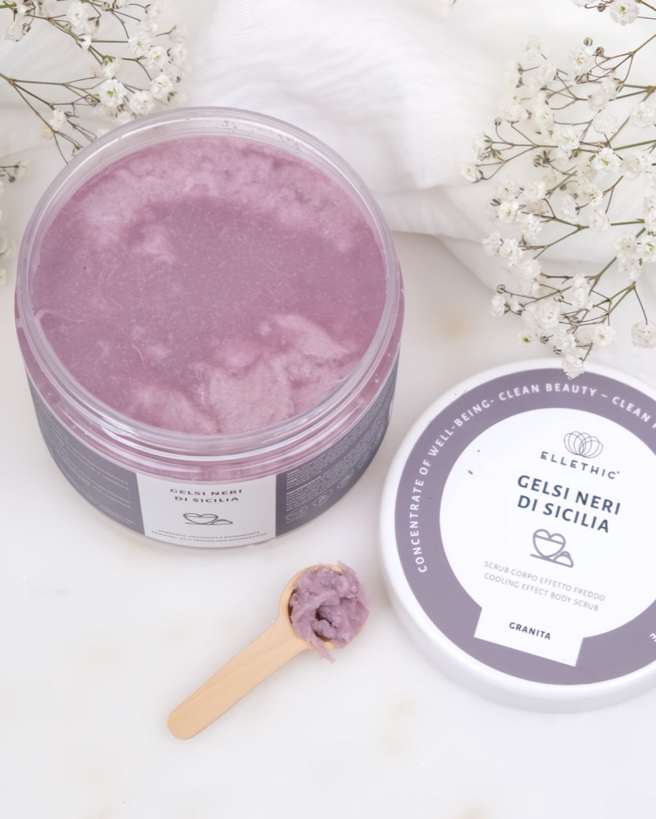 scrub ai gelsi neri 500 gr - esfoliante bio - granita corpo drenante - iosonolaluce - roma
