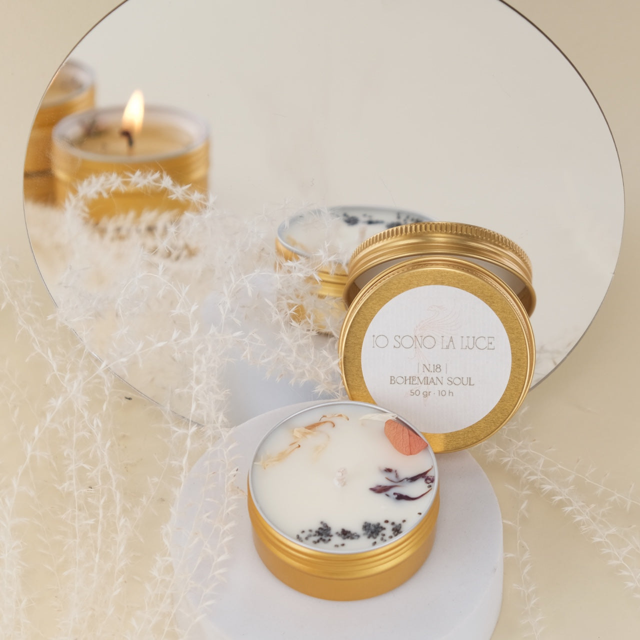 Fairy Lights: Candela Profumata Botanica di Soia Maxi Tealight in Tin Alluminio Oro