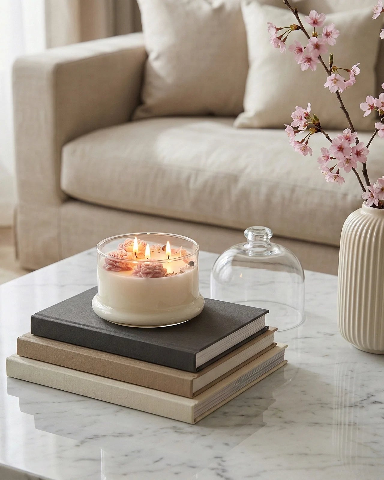 Candela botanica Hanami con campana di vetro, fiamme danzanti e composizione di petali e fiori essiccati con fiorellini di cera ispirata alla fioritura dei ciliegi giapponesi | Coffee Table 