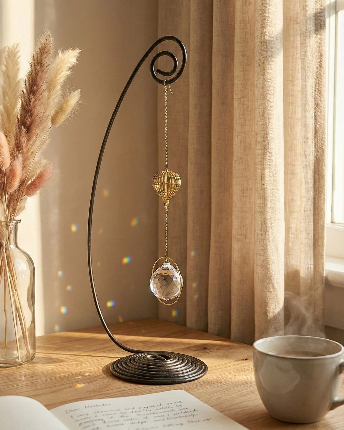 Suncatcher Heliophilia - Acchiappasole feng shui artigianale che crea arcobaleni di luce con cristallo e simbolo in ottone a forma di mongolfiera da poggiare sulla scrivania 