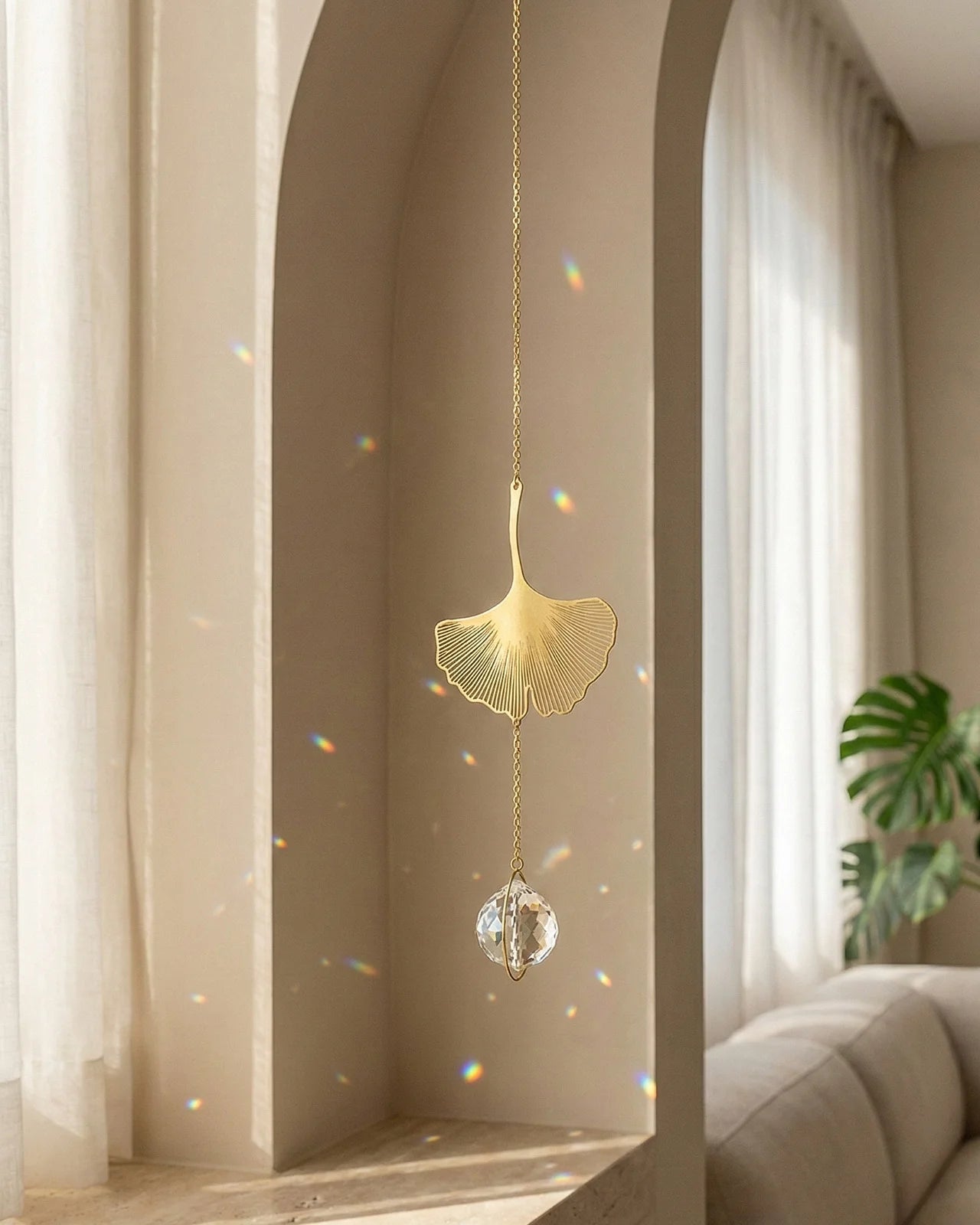 Suncatcher Heliophilia - Acchiappasole feng shui artigianale che crea arcobaleni di luce con cristallo e simbolo in ottone a forma di ginko