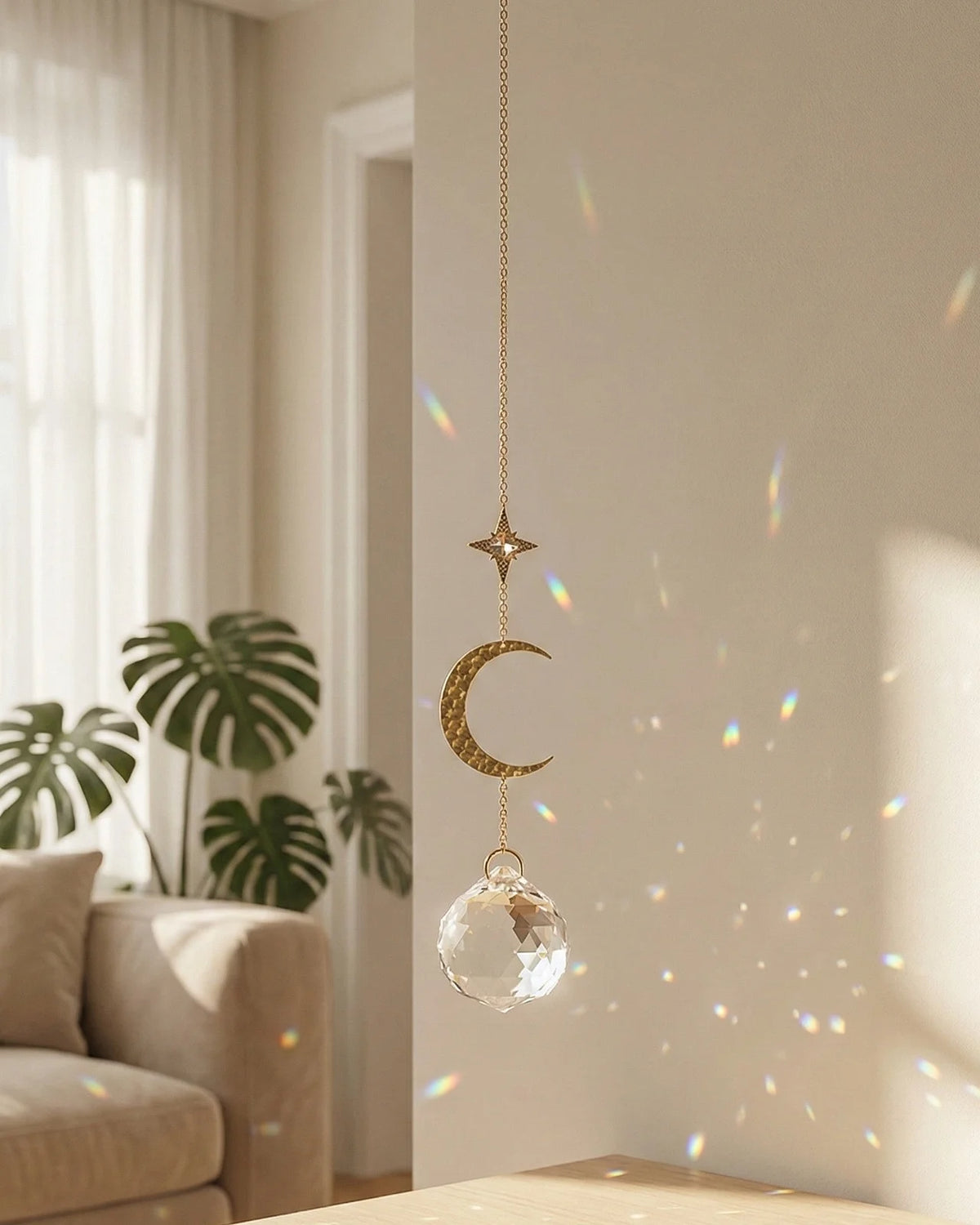 Suncatcher Heliophilia - Acchiappasole feng shui artigianale che crea arcobaleni di luce con cristallo e simbolo in ottone a forma di luna