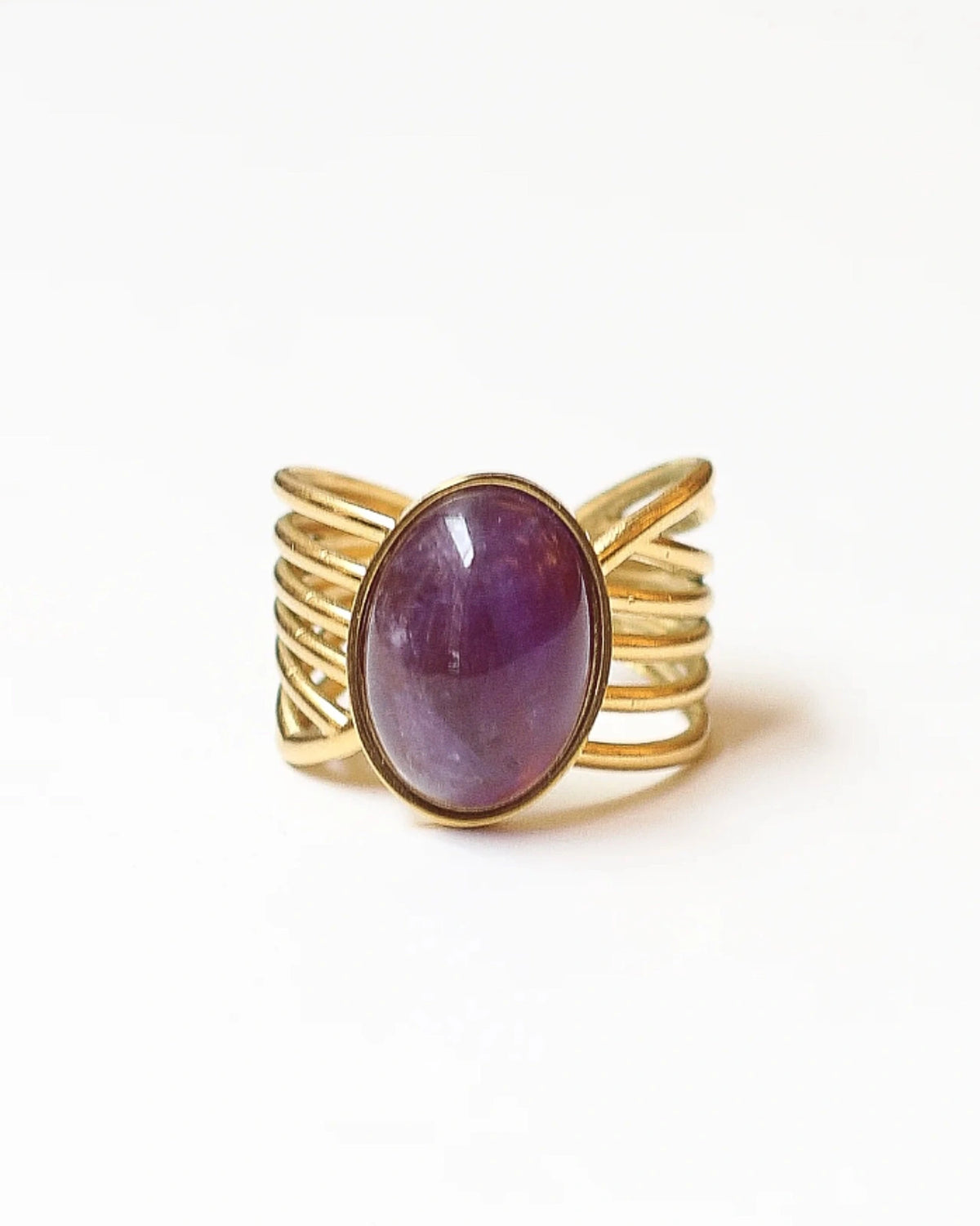 Anello Iride con pietra naturale e design ad ali | Acciaio inossidabile placcato oro con ametista - Made in Paris | Io Sono La Luce Roma