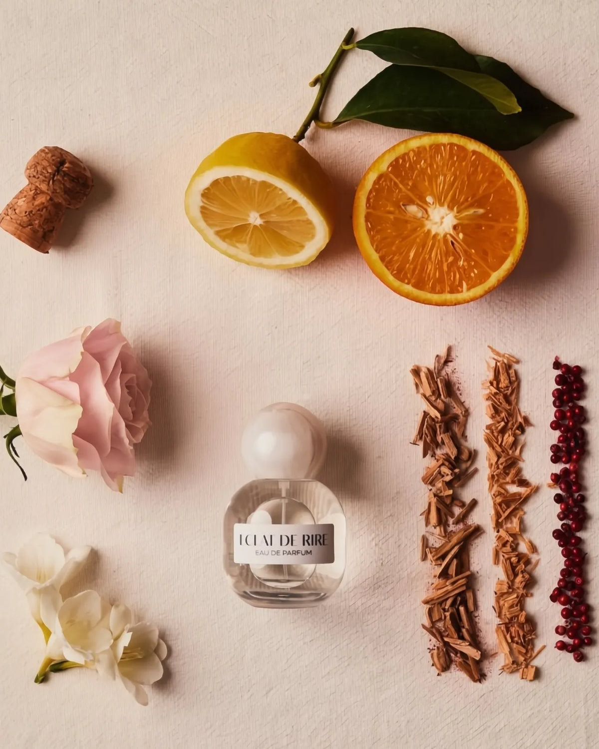 Dettaglio note olfattive Éclat de Rire – Champagne, Ribes Nero e Legno di Sandalo