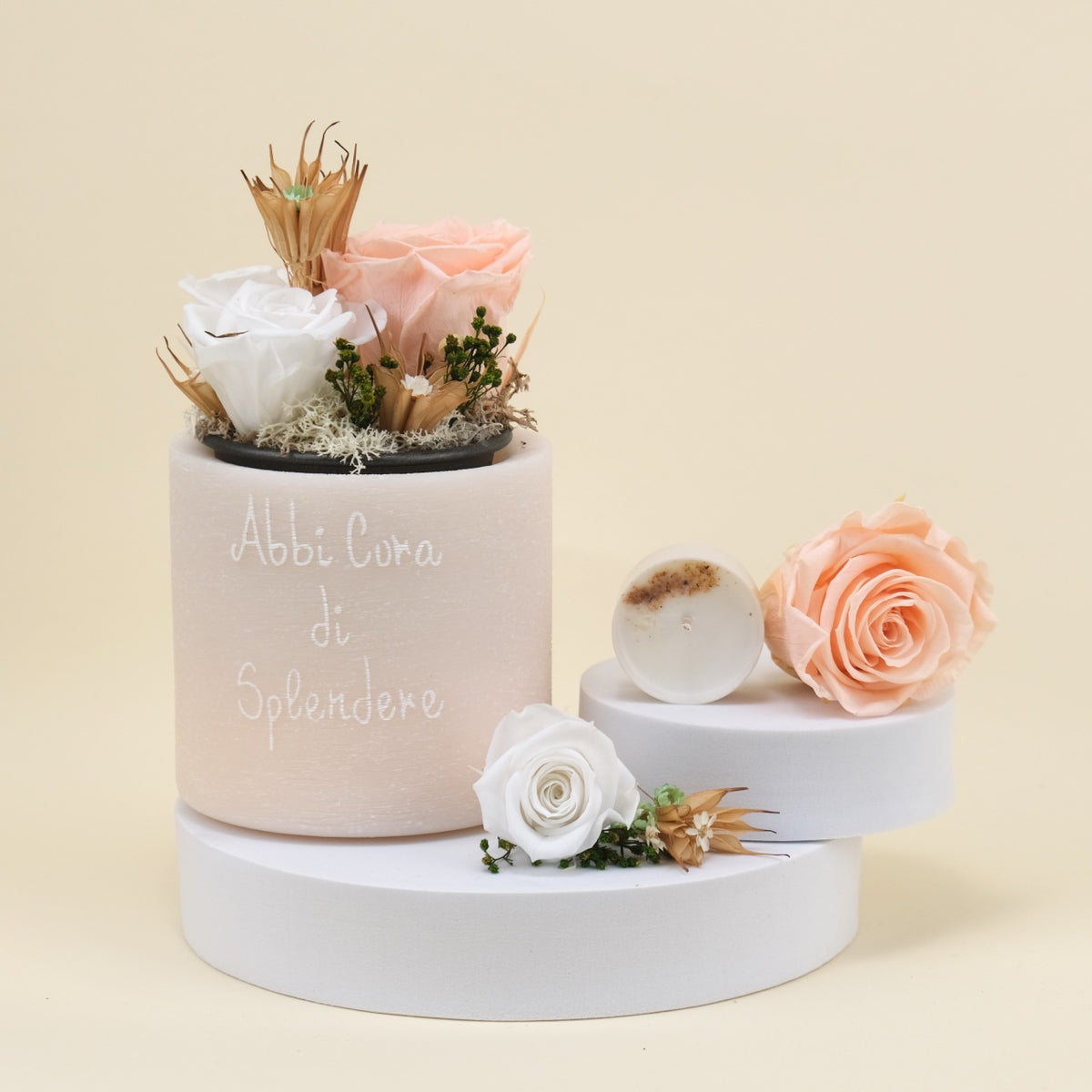 Piccolo bouquet di fiori secchi con vaso, delicato rosa e bianco,  decorazione da tavola, regalo per gli ospiti, vaso di vetro -  Italia