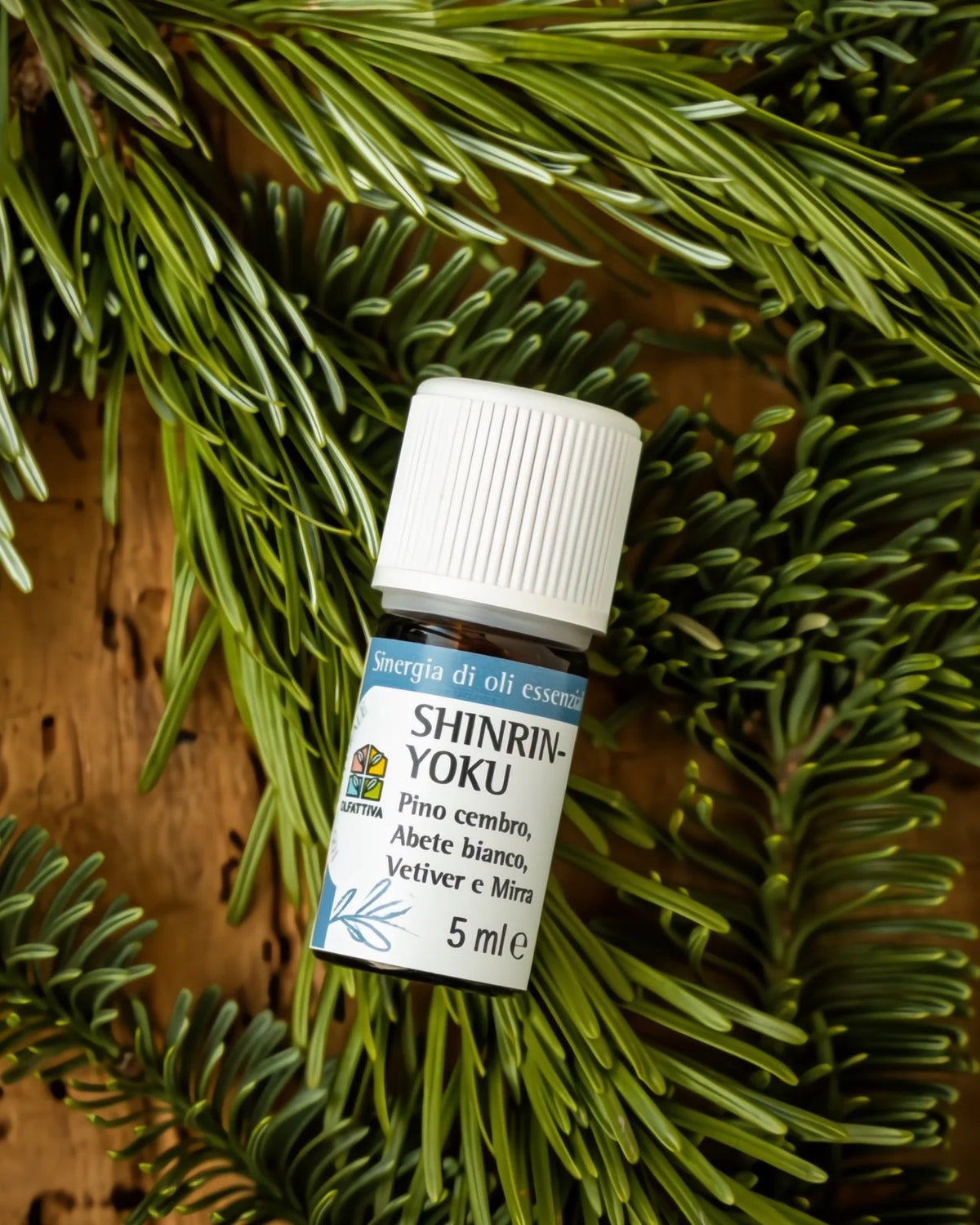 Shinrin-Yoku sinergia oli essenziali bagno nella foresta: pino cembro, abete bianco, vetiver e mirra per radicamento e centratura. 